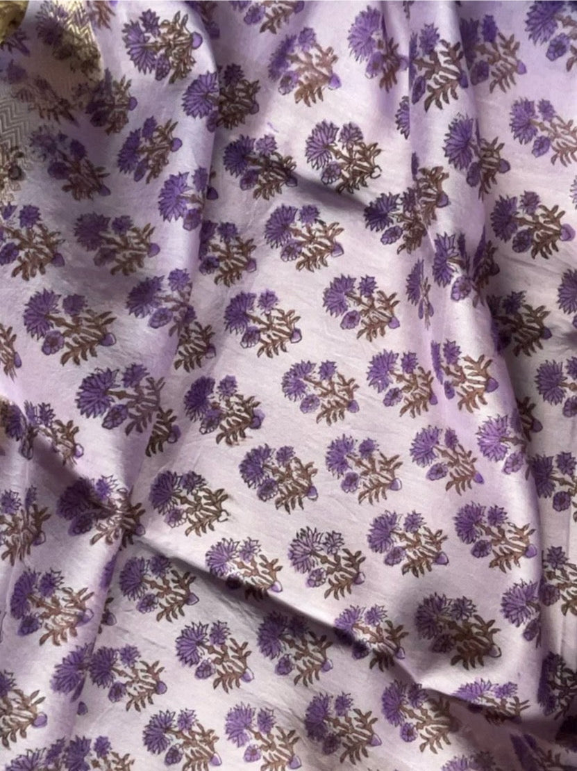Naimisha – Lavender Floral Bagru Printed Maheshwari Silk Suit Set – handcrafted silk; cotton suits – Handcrafted in India