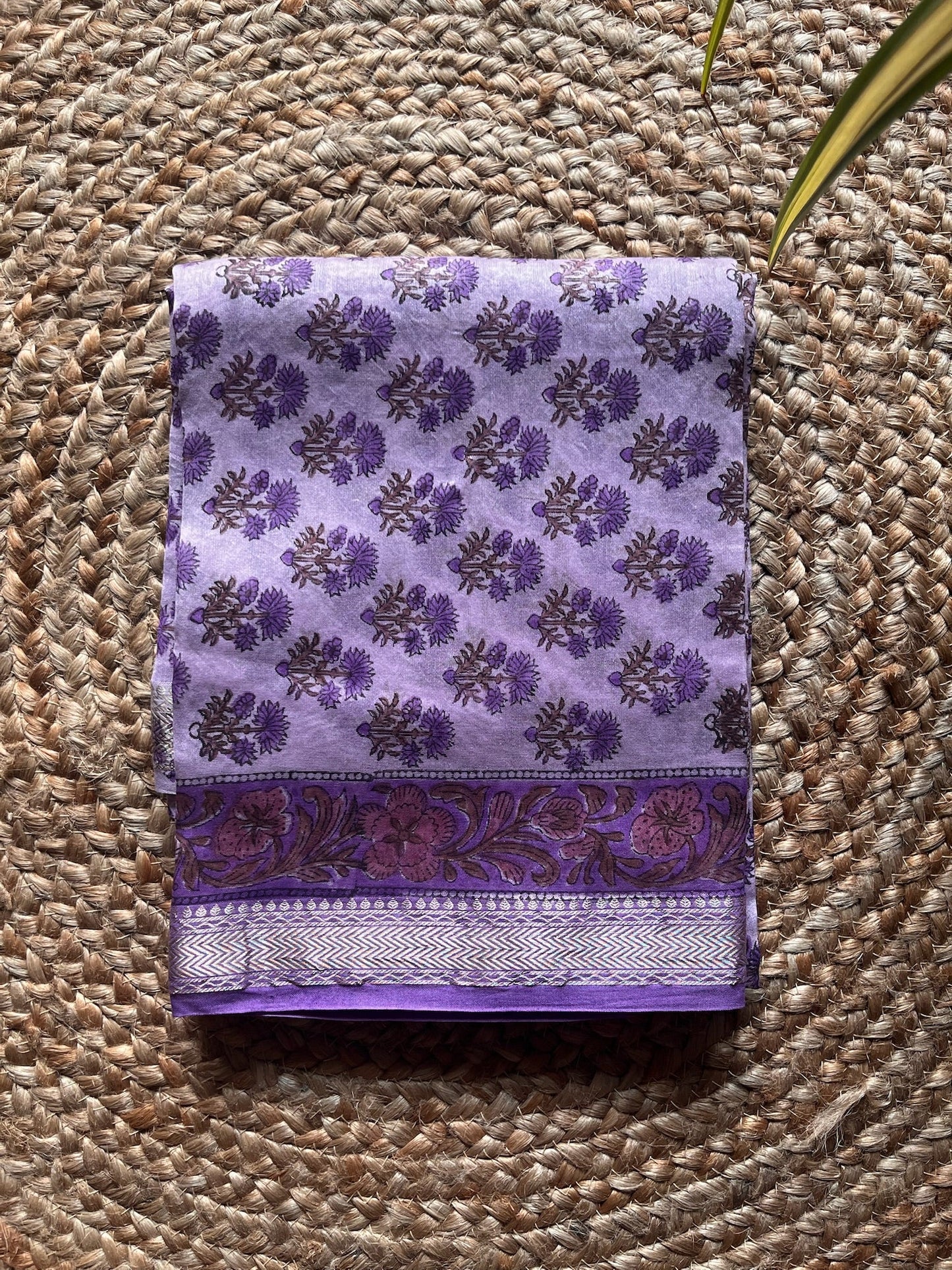 Naimisha – Lavender Floral Bagru Printed Maheshwari Silk Suit Set – handcrafted silk; cotton suits – Handcrafted in India
