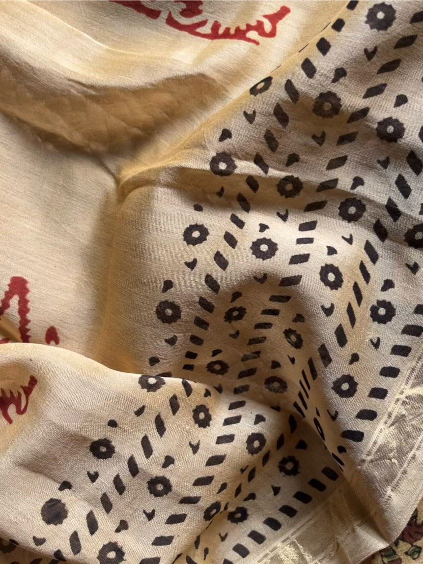 Neelima – Beige & Maroon Kalamkari Handblock Chanderi Silk Suit – handcrafted silk; cotton suits – Handcrafted in India