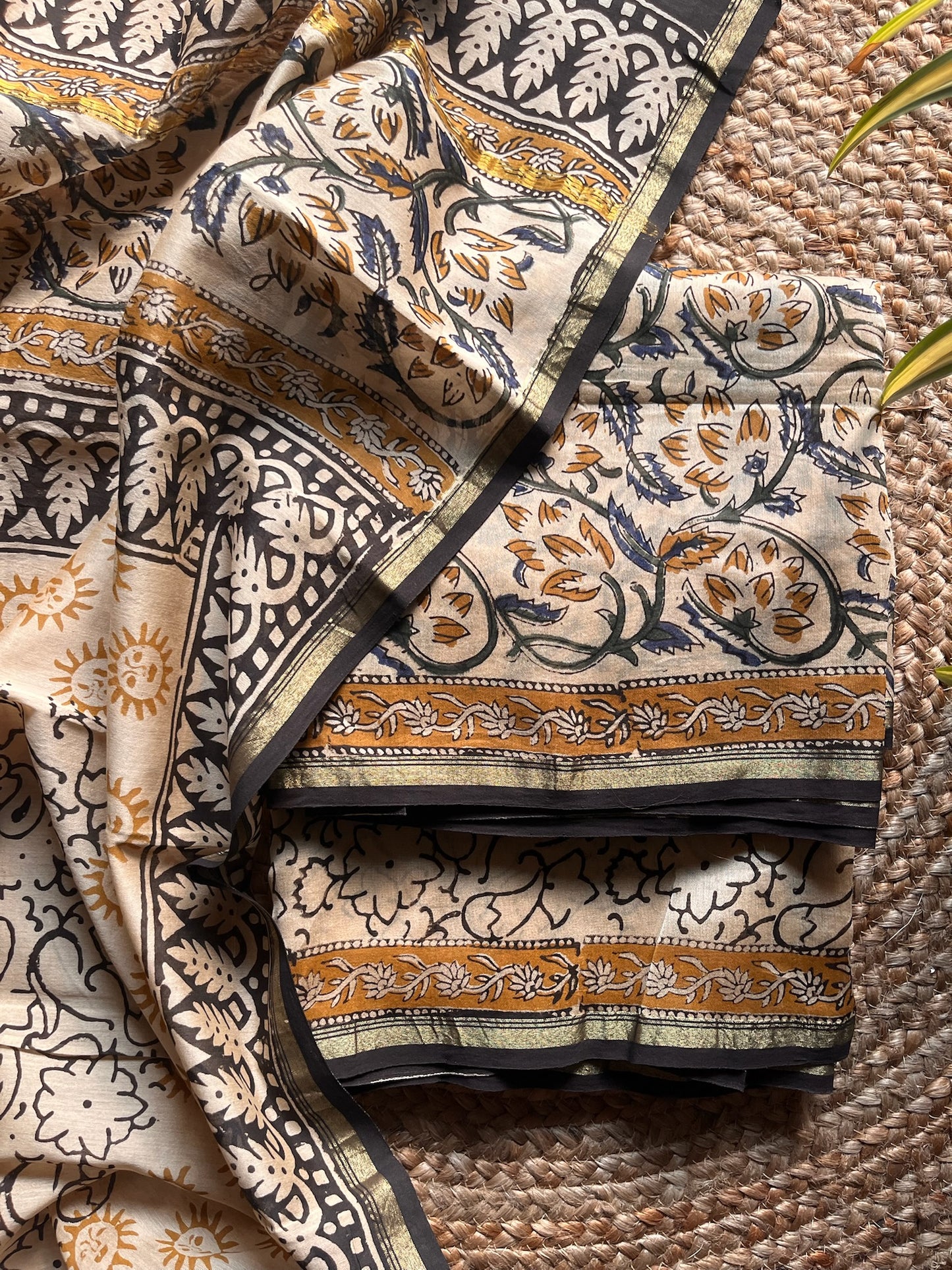 Sharvari – Cream & Mustard Kalamkari Printed Chanderi Silk Suit Set – handcrafted silk; cotton suits – Handcrafted in India