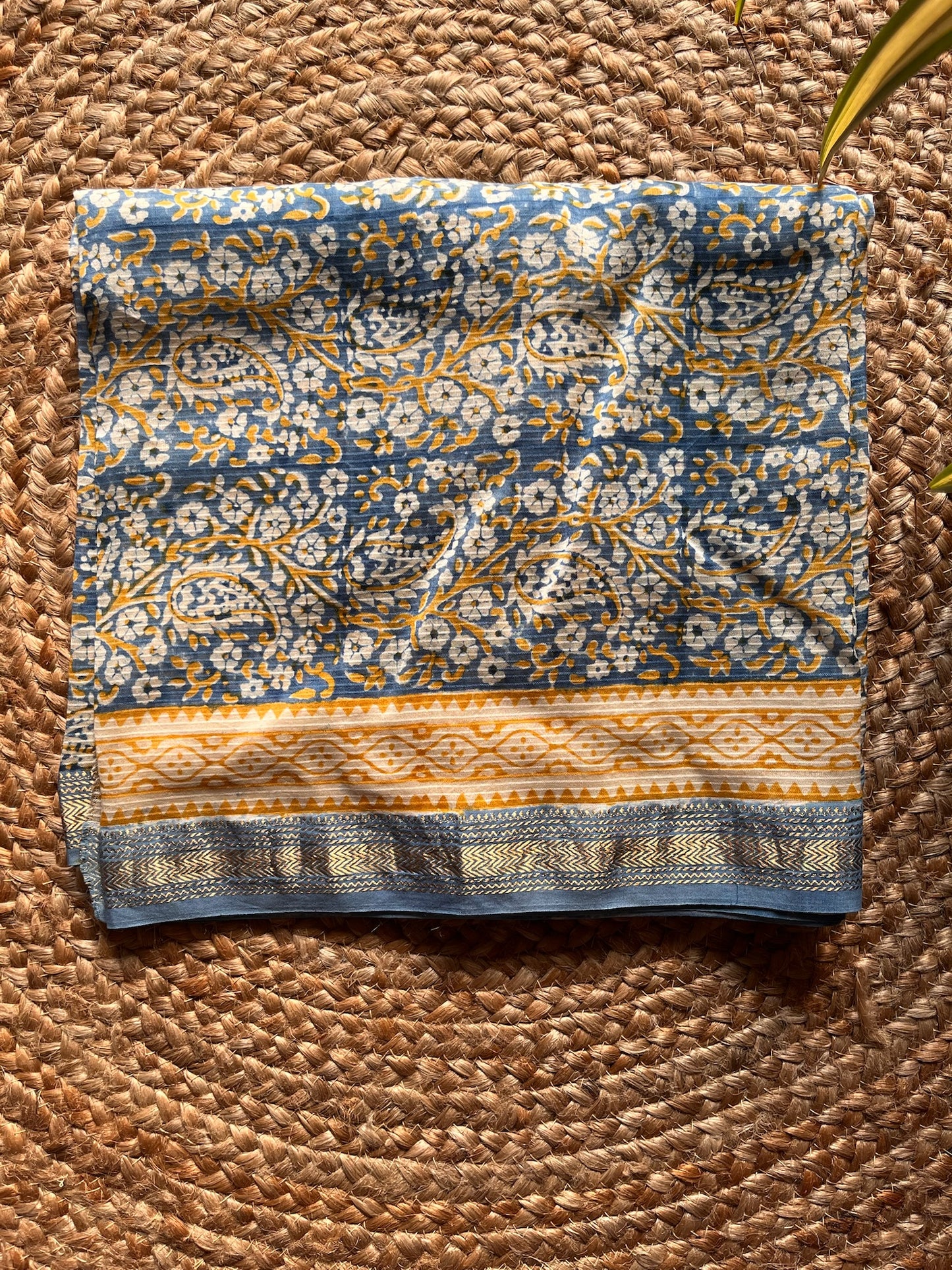 Aaravi – Blue Mustard Bagh Printed Maheshwari Silk Suit Set – handcrafted silk; cotton suits – Handcrafted in India