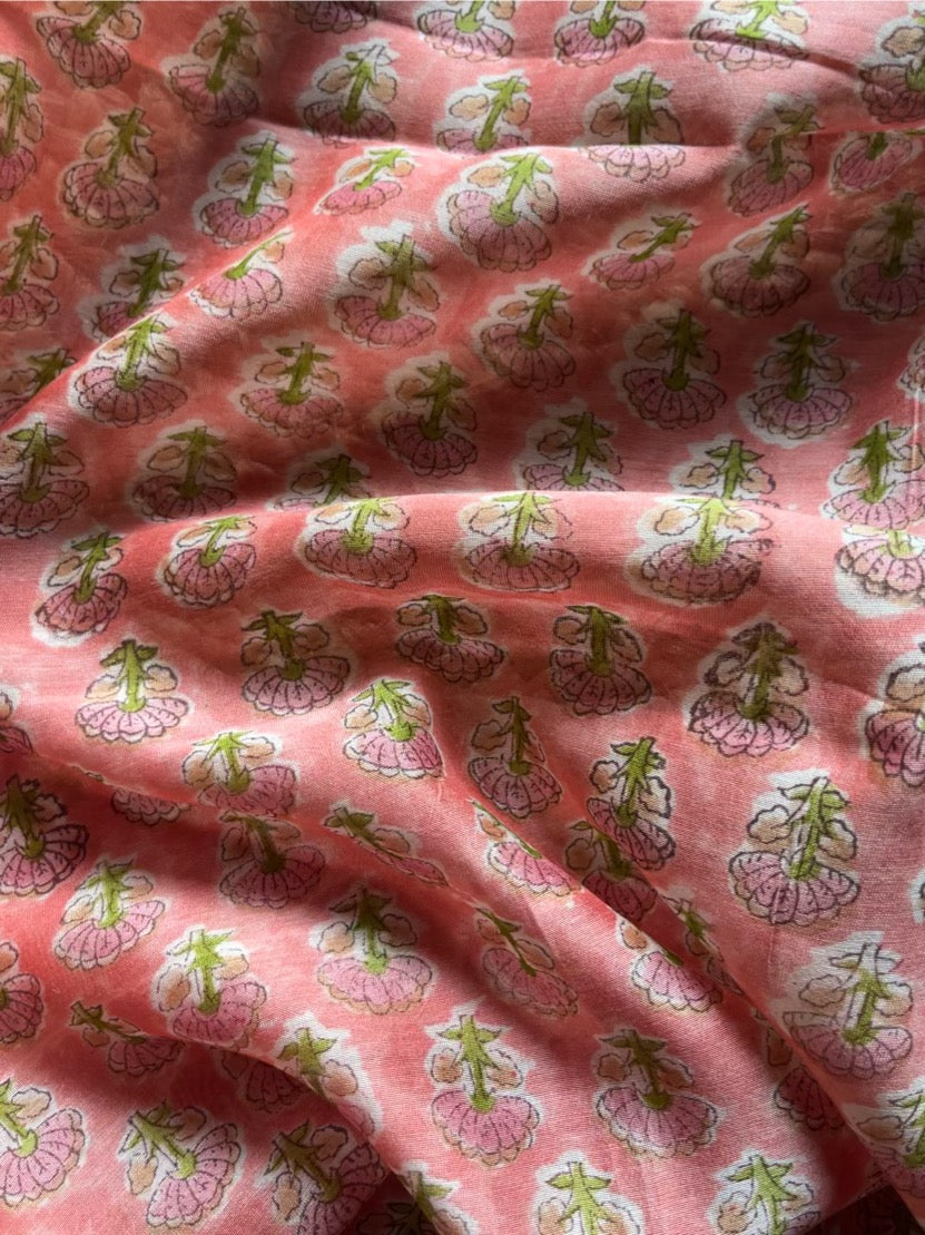 Gulbadan – Blush Pink Chanderi Silk Suit Set with Bagru Print – handcrafted chanderi-silk; cotton – Handcrafted in India