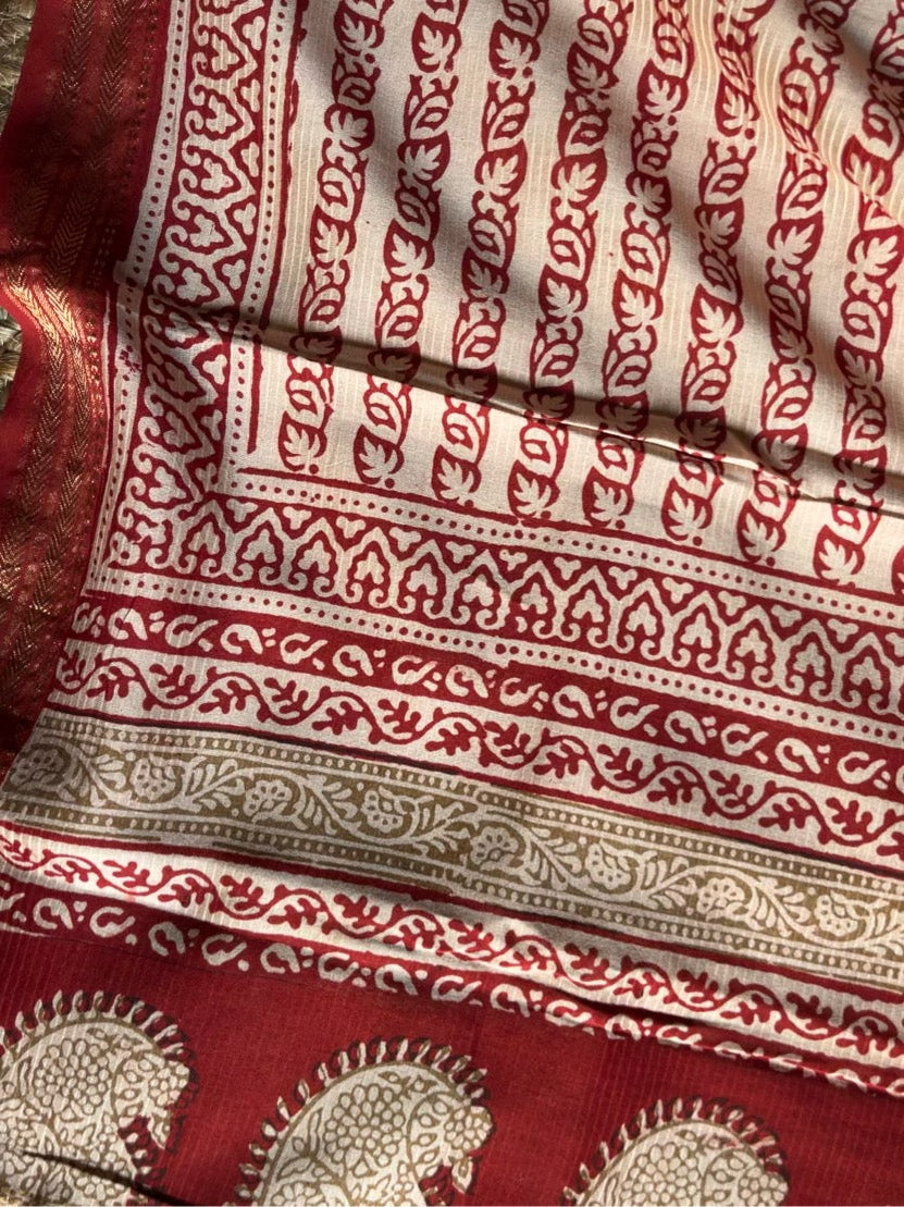 Ira – Red Bagh Paisley Maheshwari Silk Suit Set – handcrafted silk; cotton suits – Handcrafted in India