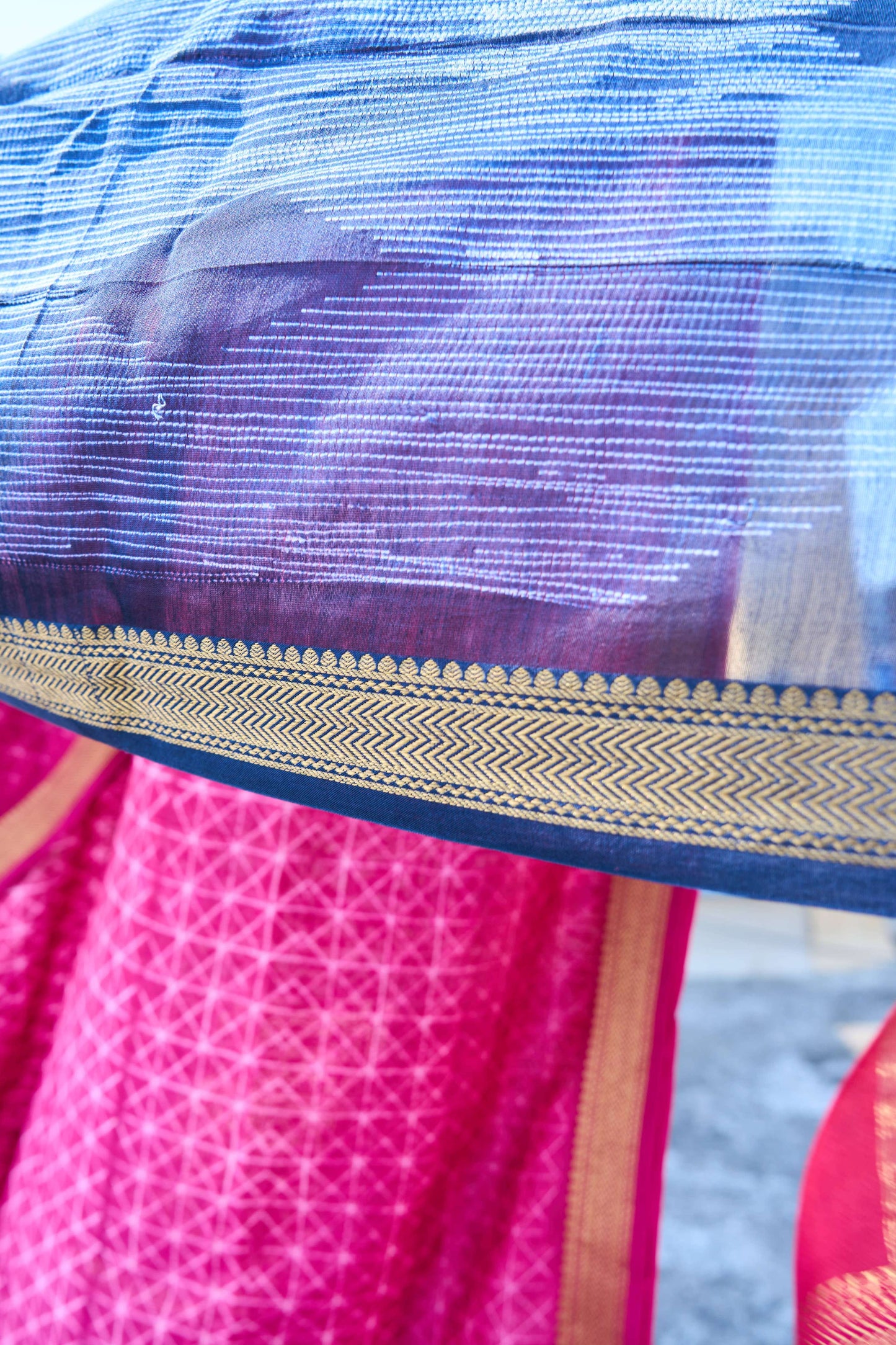 Pink & Navy Blue Nui Shibori Handcrafted Maheshwari Silk Set – handcrafted silk; cotton suits – Handcrafted in India