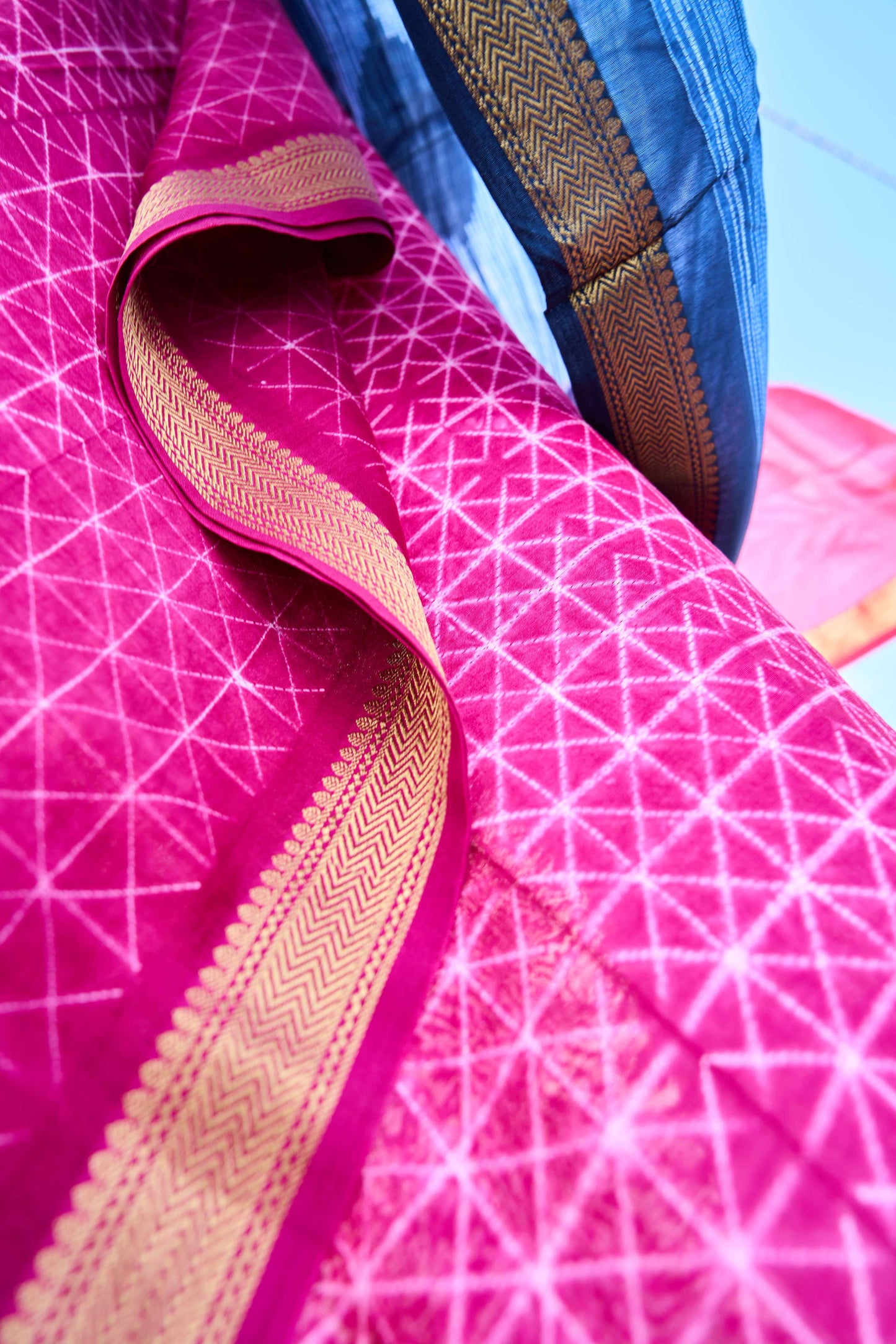 Pink & Navy Blue Nui Shibori Handcrafted Maheshwari Silk Set – handcrafted silk; cotton suits – Handcrafted in India