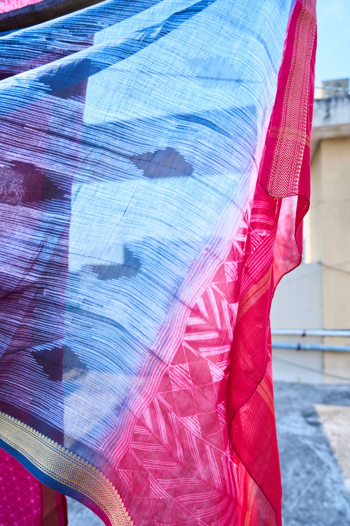 Pink & Navy Blue Nui Shibori Handcrafted Maheshwari Silk Set – handcrafted silk; cotton suits – Handcrafted in India