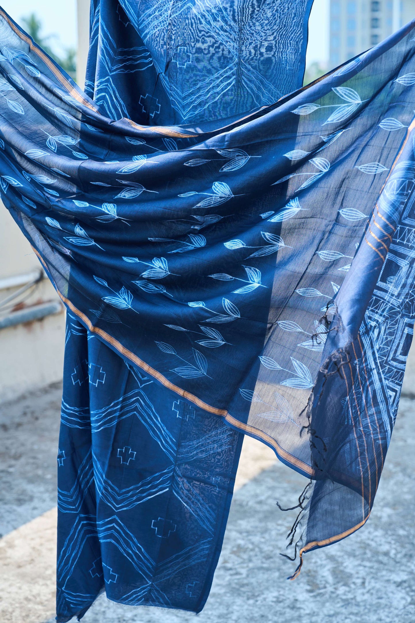 Indigo Blue Nui Shibori Handcrafted Chanderi Silk Set – handcrafted silk; cotton suits – Handcrafted in India