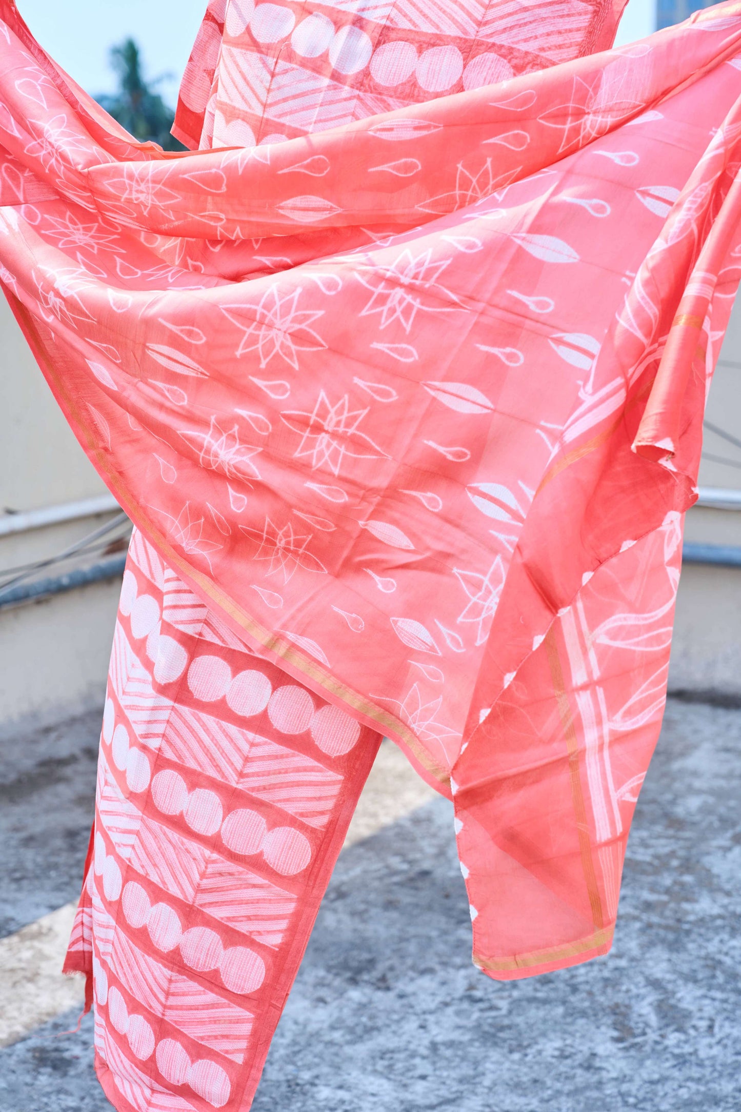 Coral Peach Nui Shibori Handcrafted Chanderi Silk Set – handcrafted silk; cotton suits – Handcrafted in India