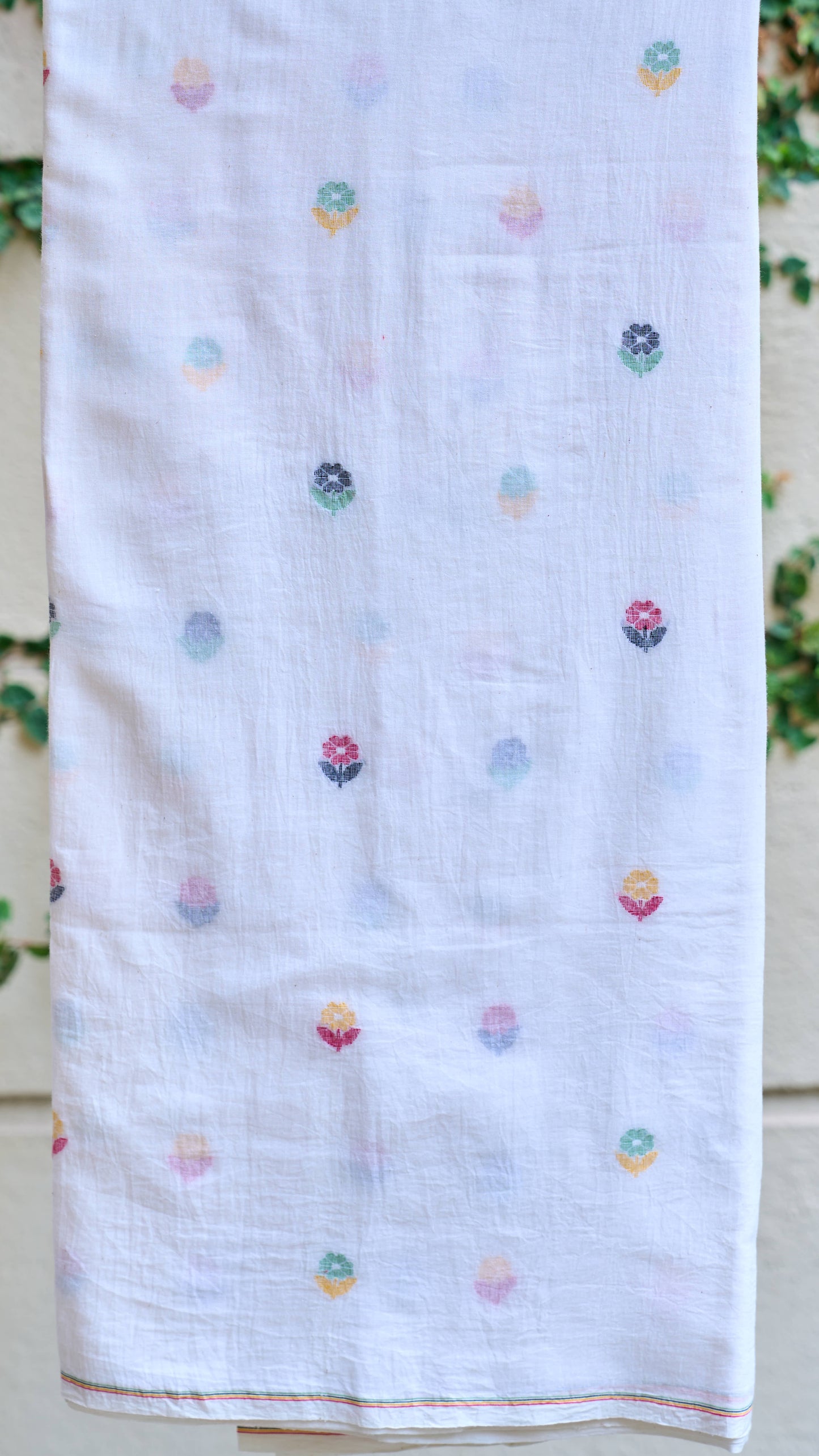 White Multicolor Floral Jamdani Handwoven Cotton Fabric – Sold Per Meter – handcrafted cotton – Handcrafted in India