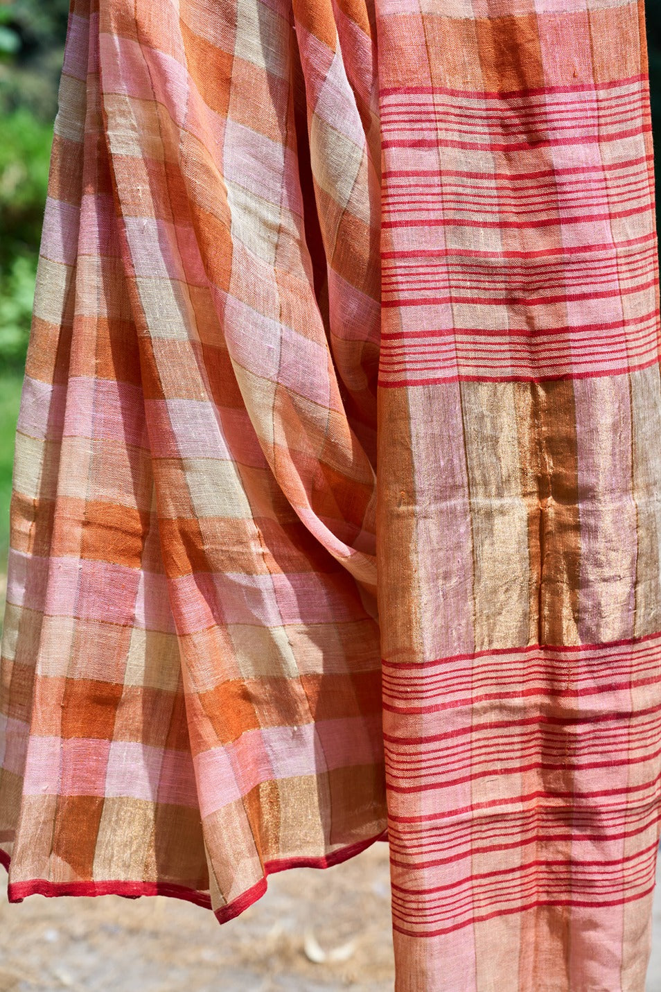 Handwoven Linen Saree – Sunset Checks in Gold & Rose – handcrafted linen – Handcrafted in India