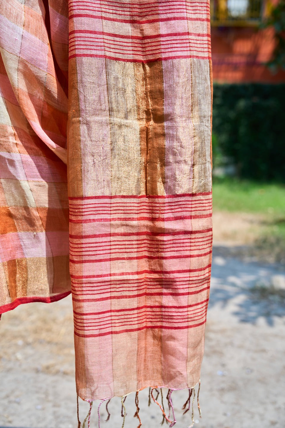 Handwoven Linen Saree – Sunset Checks in Gold & Rose – handcrafted linen – Handcrafted in India