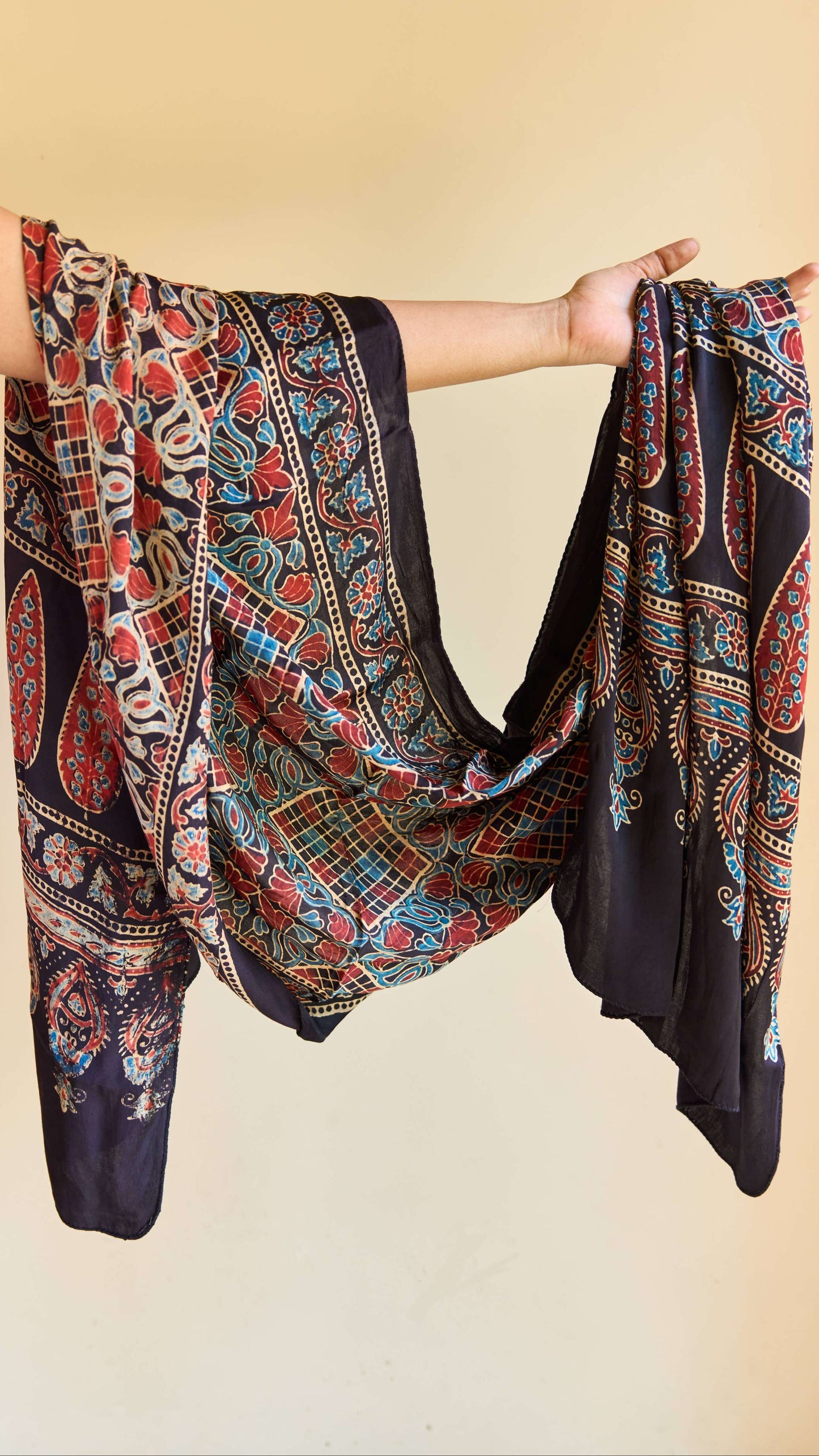 Noor – Black Modal Silk Ajrakh Stole with Red & Blue Floral Motifs – handcrafted modal; silk – Handcrafted in India