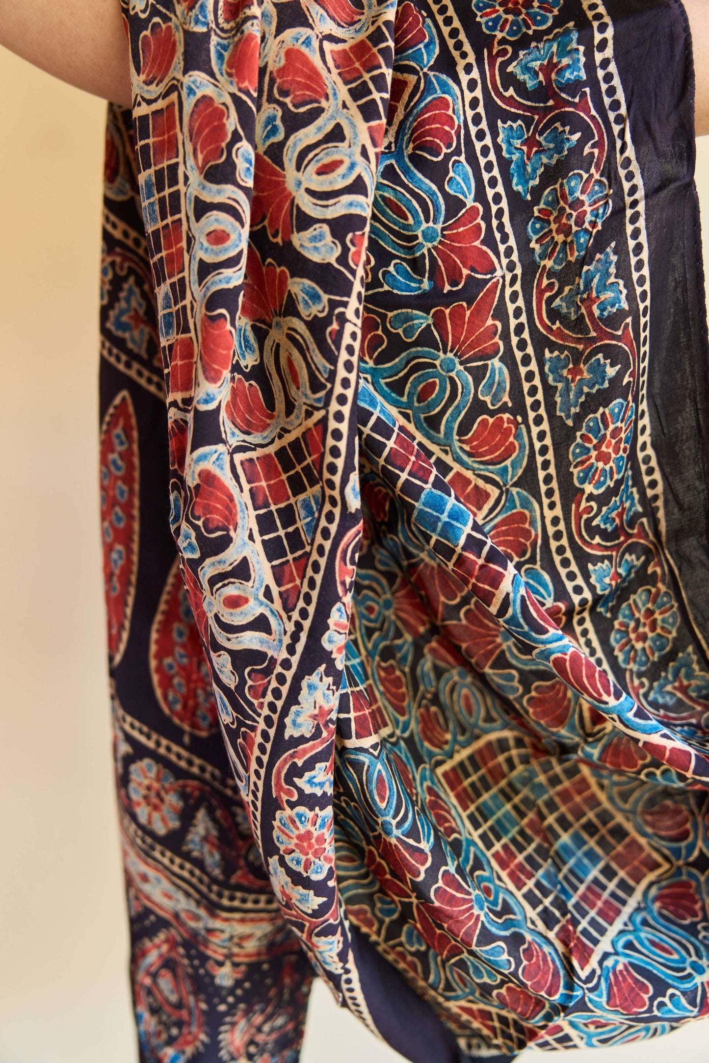 Noor – Black Modal Silk Ajrakh Stole with Red & Blue Floral Motifs – handcrafted modal; silk – Handcrafted in India