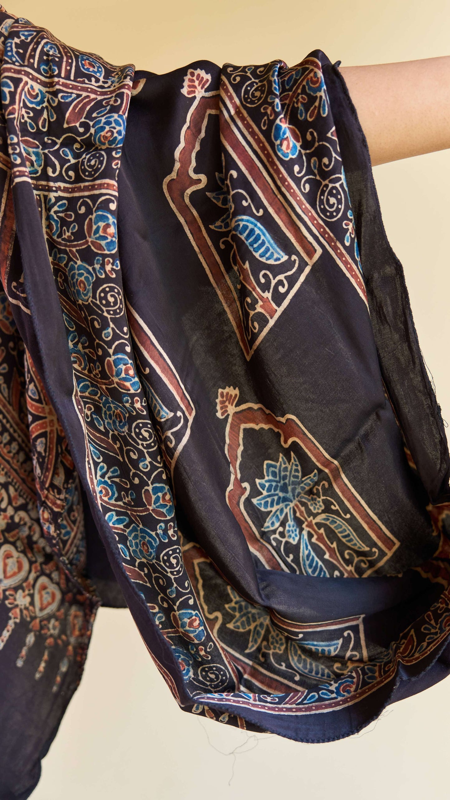 Noor – Black Modal Silk Ajrakh Stole with Red & Blue Floral Motifs – handcrafted modal; silk – Handcrafted in India