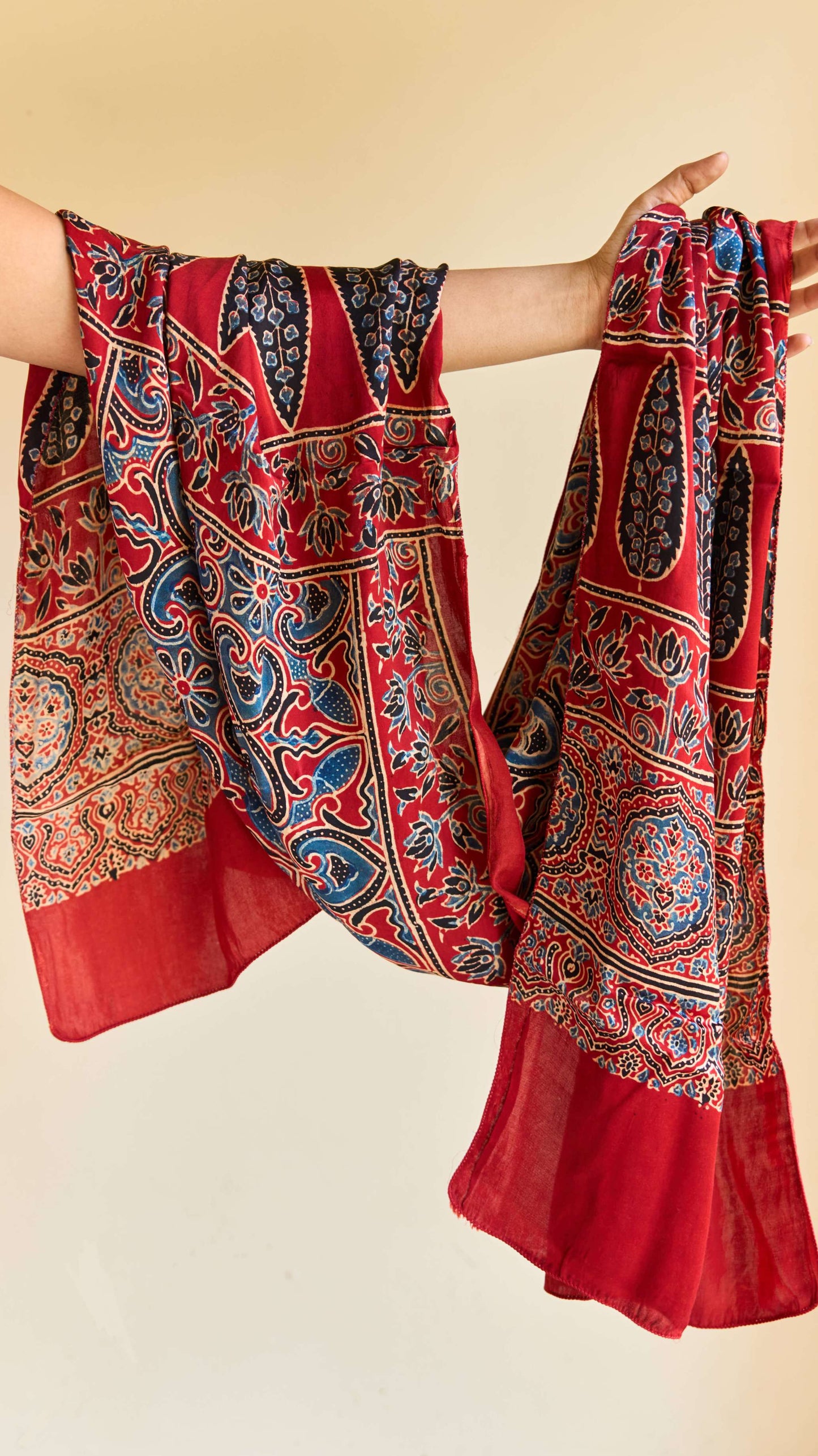 Gulzar – Red Modal Silk Ajrakh Stole with Blue Paisley Patterns – handcrafted modal; silk – Handcrafted in India