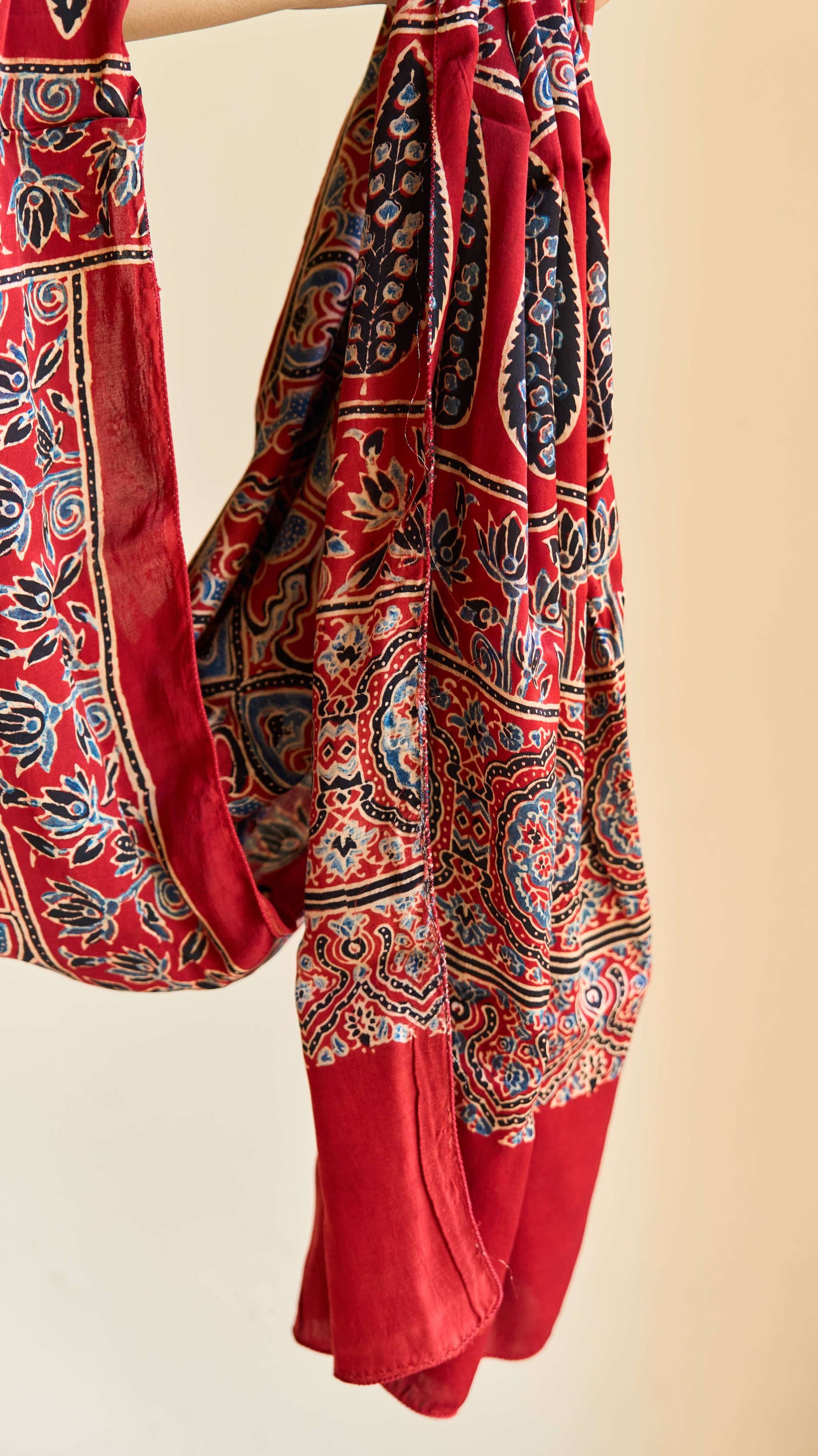 Gulzar – Red Modal Silk Ajrakh Stole with Blue Paisley Patterns – handcrafted modal; silk – Handcrafted in India