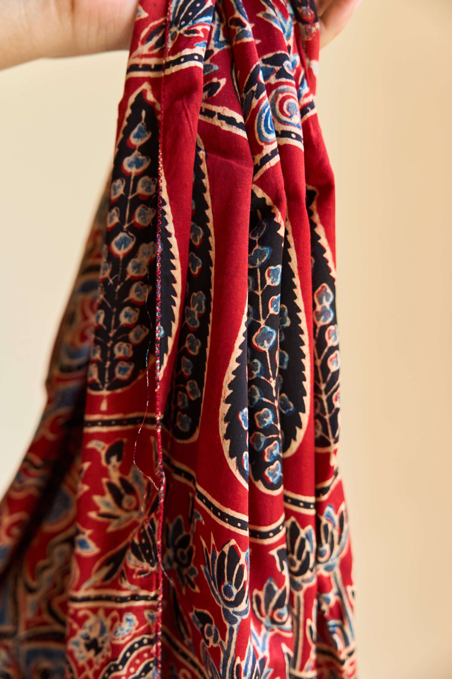 Gulzar – Red Modal Silk Ajrakh Stole with Blue Paisley Patterns – handcrafted modal; silk – Handcrafted in India