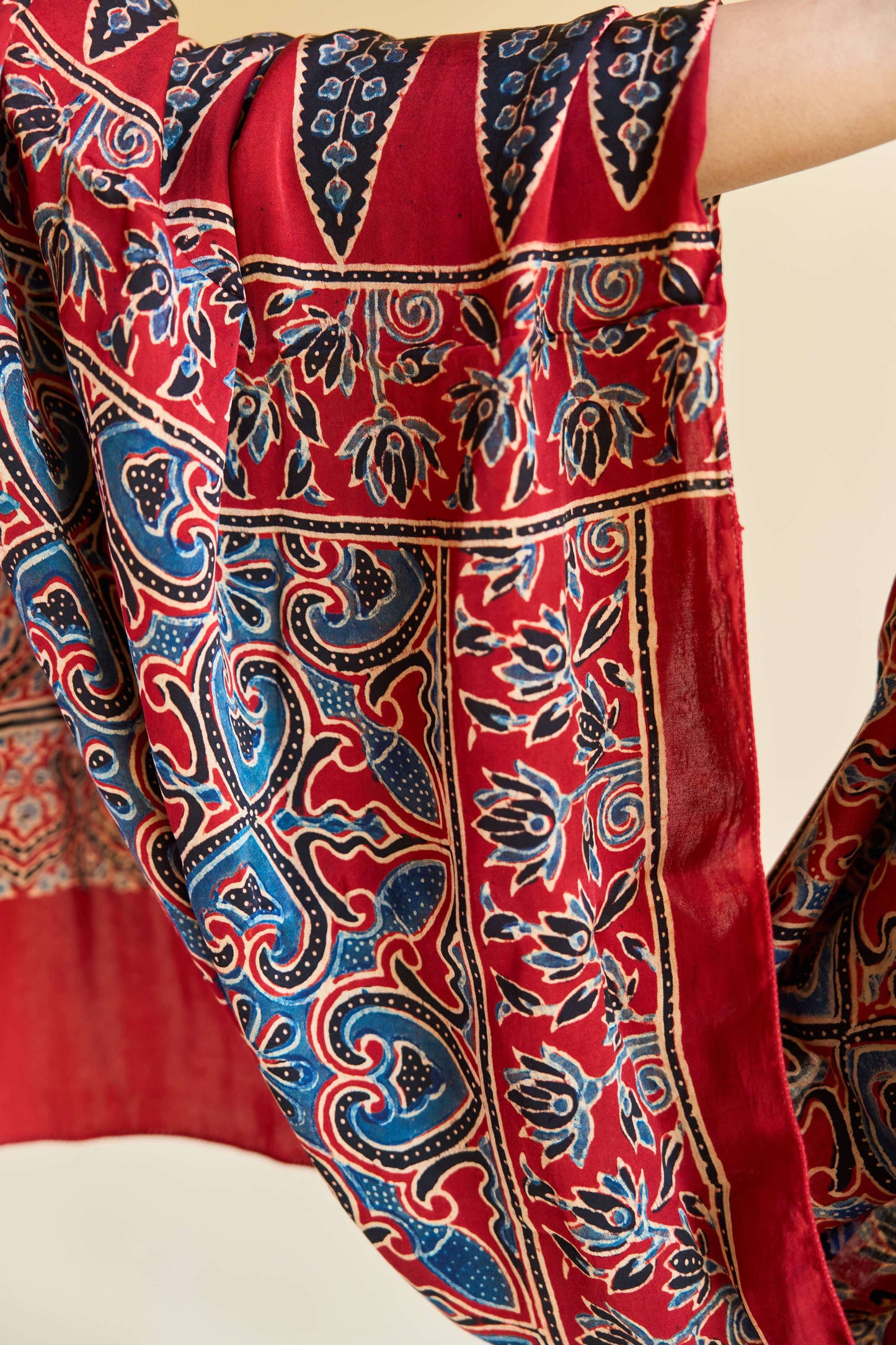 Gulzar – Red Modal Silk Ajrakh Stole with Blue Paisley Patterns – handcrafted modal; silk – Handcrafted in India