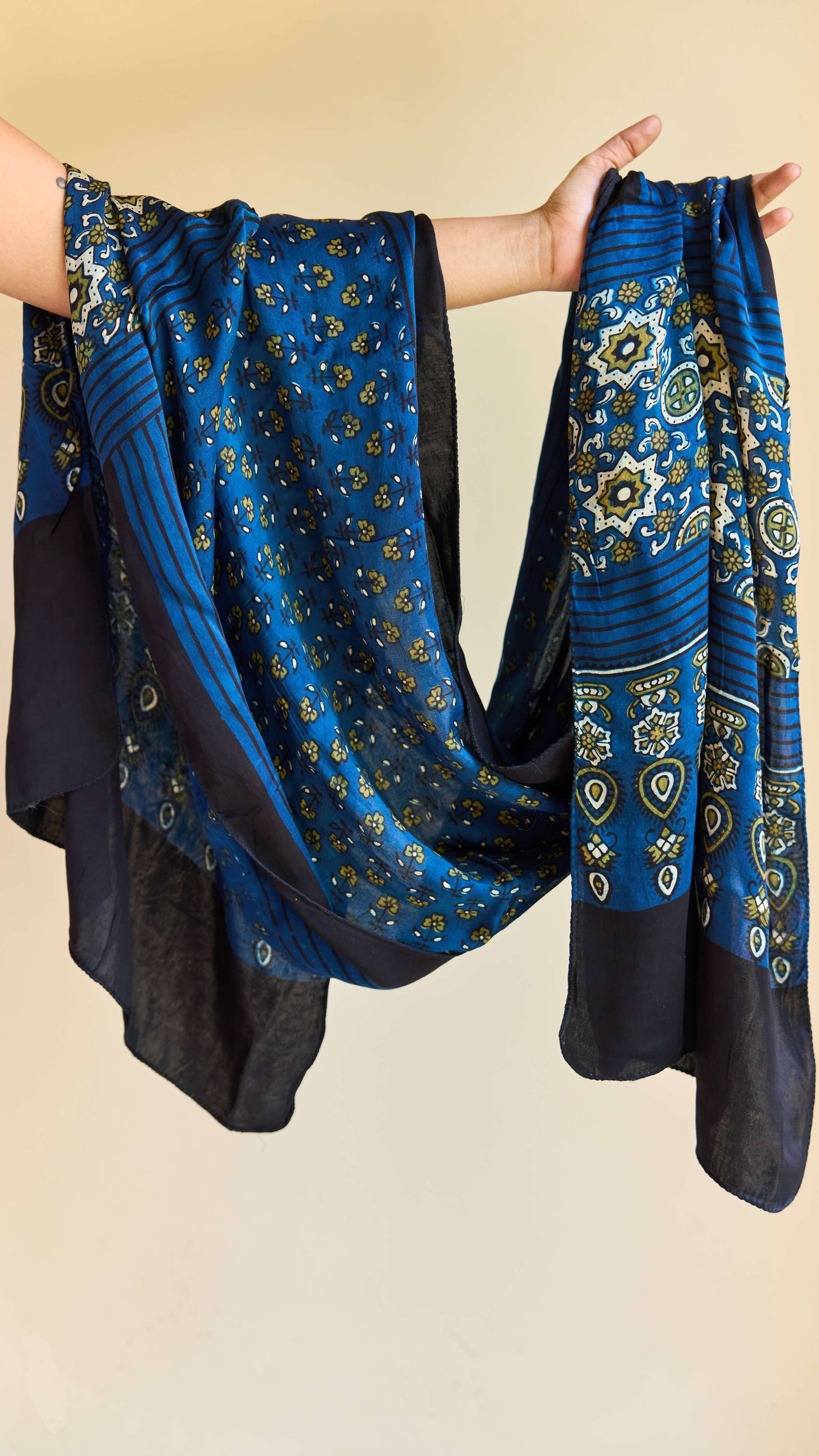 Neelam – Blue Modal Silk Ajrakh Stole with Olive Floral Motifs – handcrafted modal; silk – Handcrafted in India