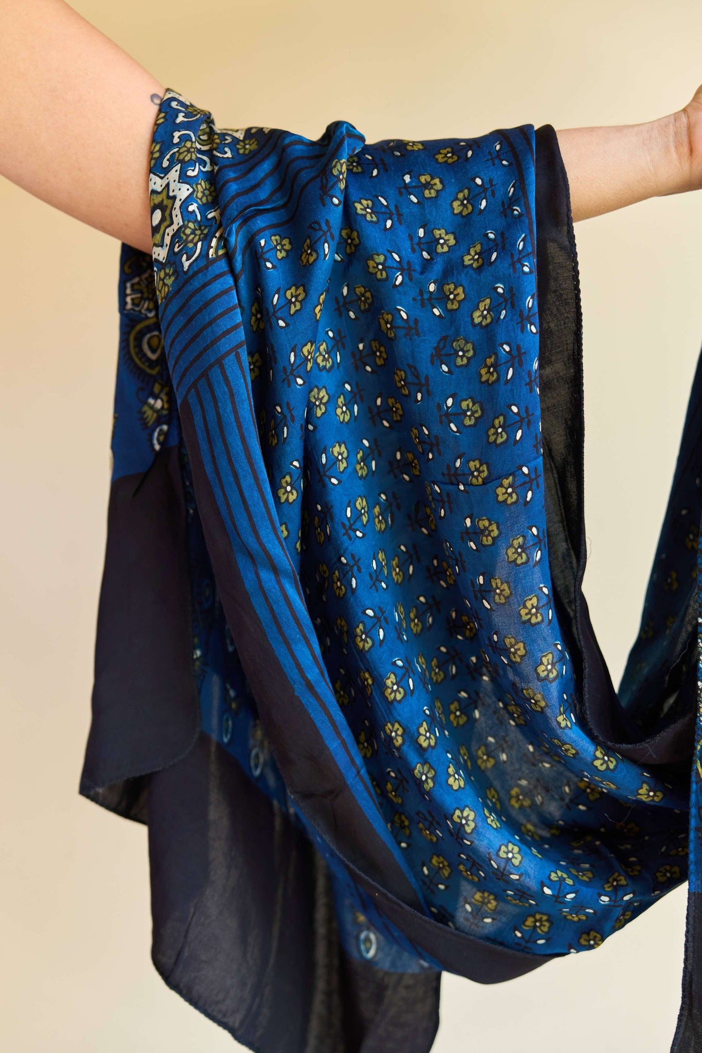 Neelam – Blue Modal Silk Ajrakh Stole with Olive Floral Motifs – handcrafted modal; silk – Handcrafted in India