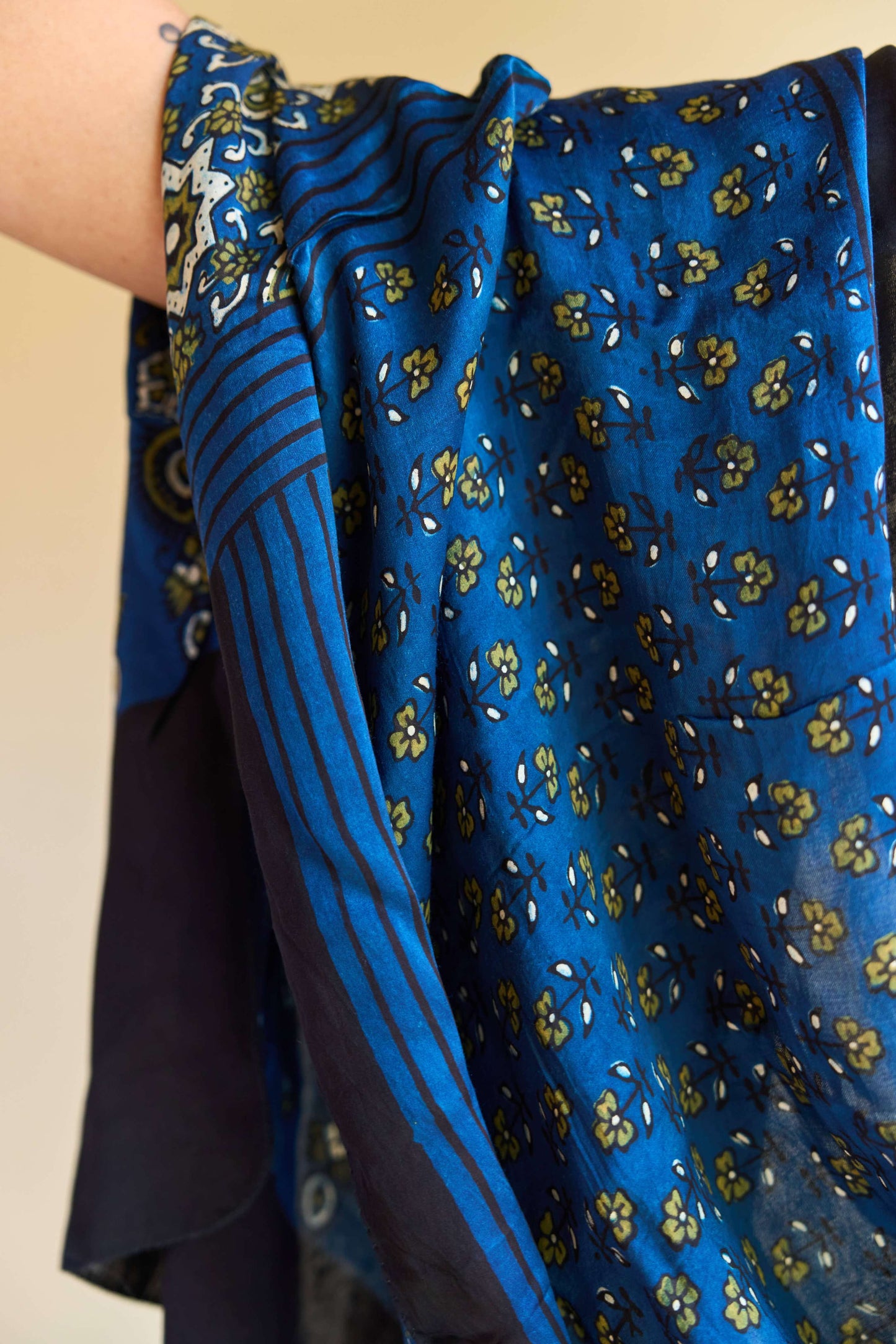 Neelam – Blue Modal Silk Ajrakh Stole with Olive Floral Motifs – handcrafted modal; silk – Handcrafted in India