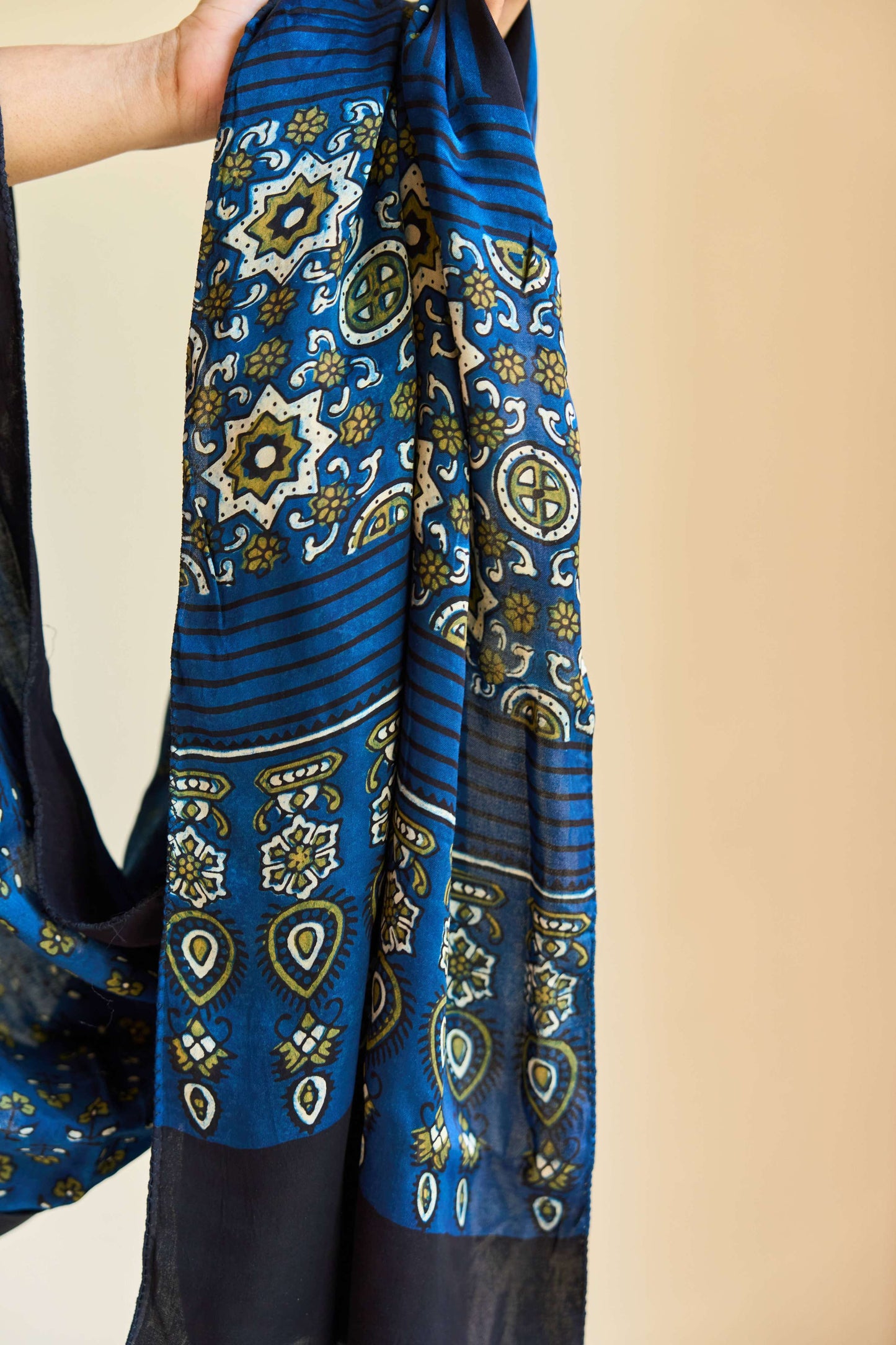 Neelam – Blue Modal Silk Ajrakh Stole with Olive Floral Motifs – handcrafted modal; silk – Handcrafted in India