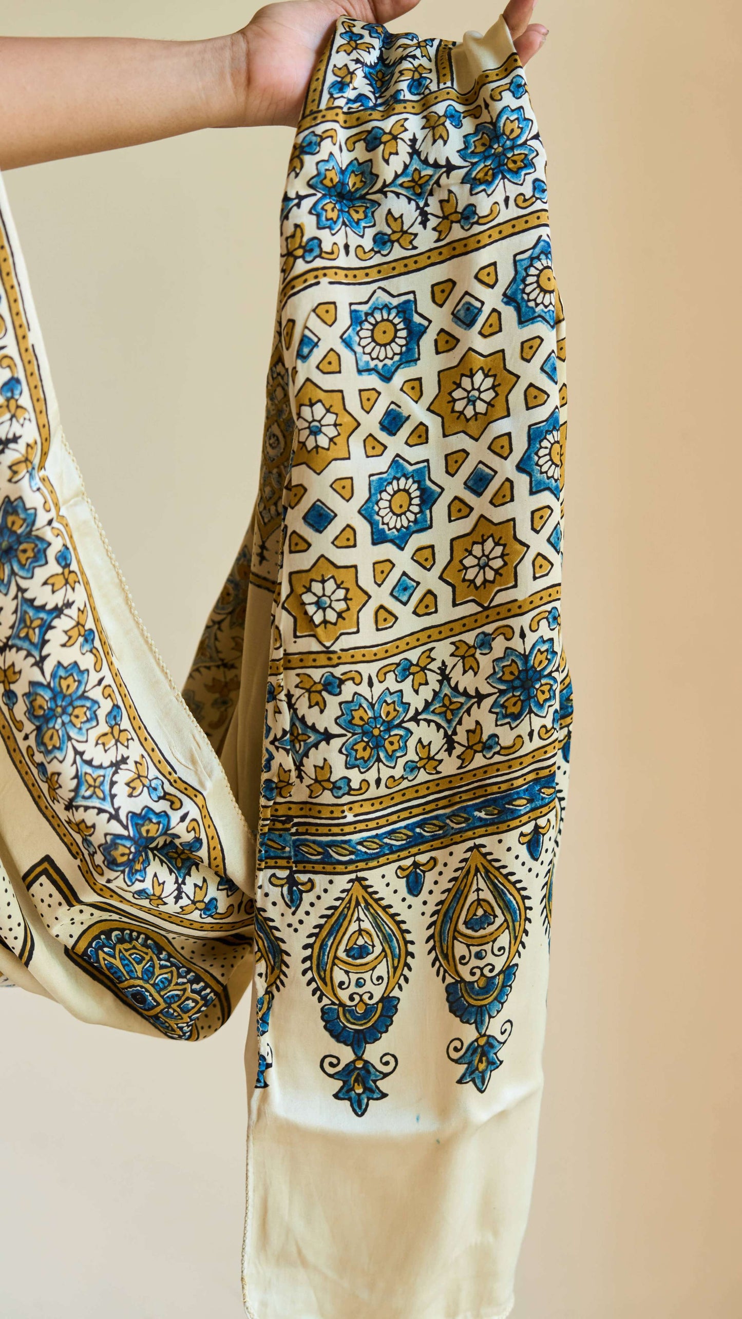 Ziya – Ivory Modal Silk Ajrakh Stole with Blue Floral Patterns – handcrafted modal; silk – Handcrafted in India
