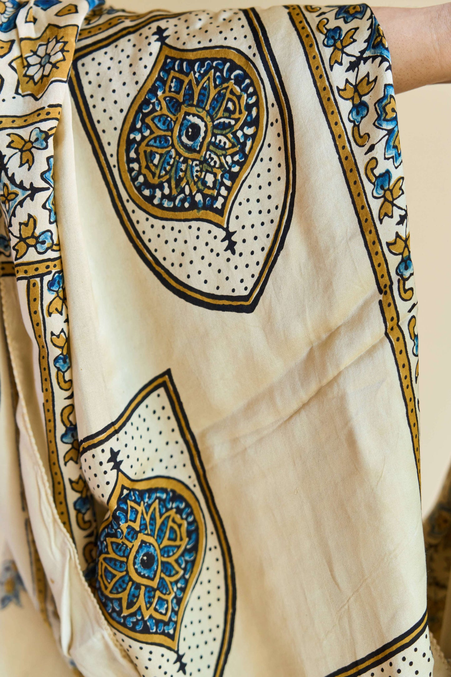 Ziya – Ivory Modal Silk Ajrakh Stole with Blue Floral Patterns – handcrafted modal; silk – Handcrafted in India