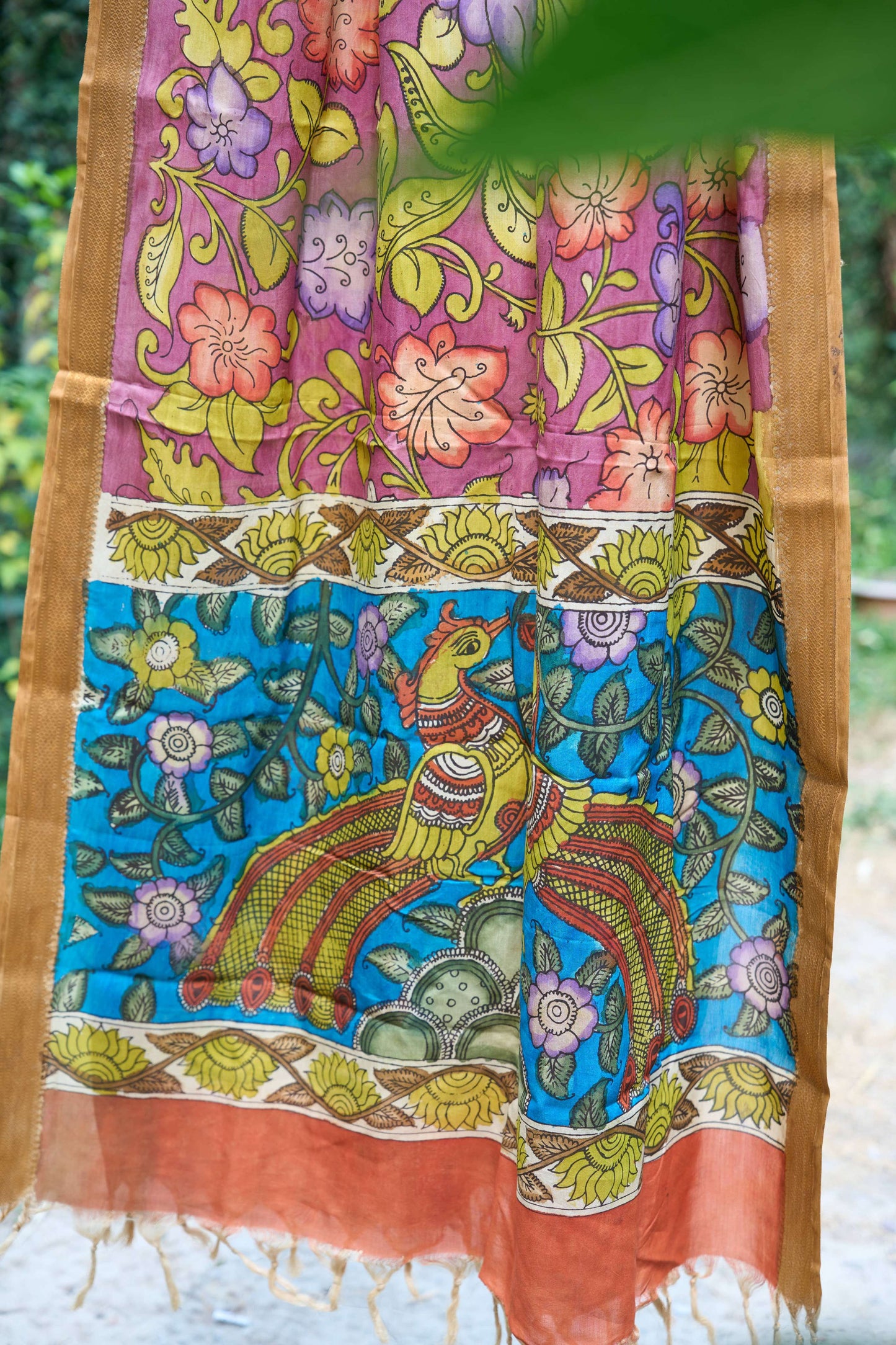 Pink Handcrafted Maheshwari Silk Dupatta with Kalamkari Work – Earth Tones – handcrafted silk – Handcrafted in India