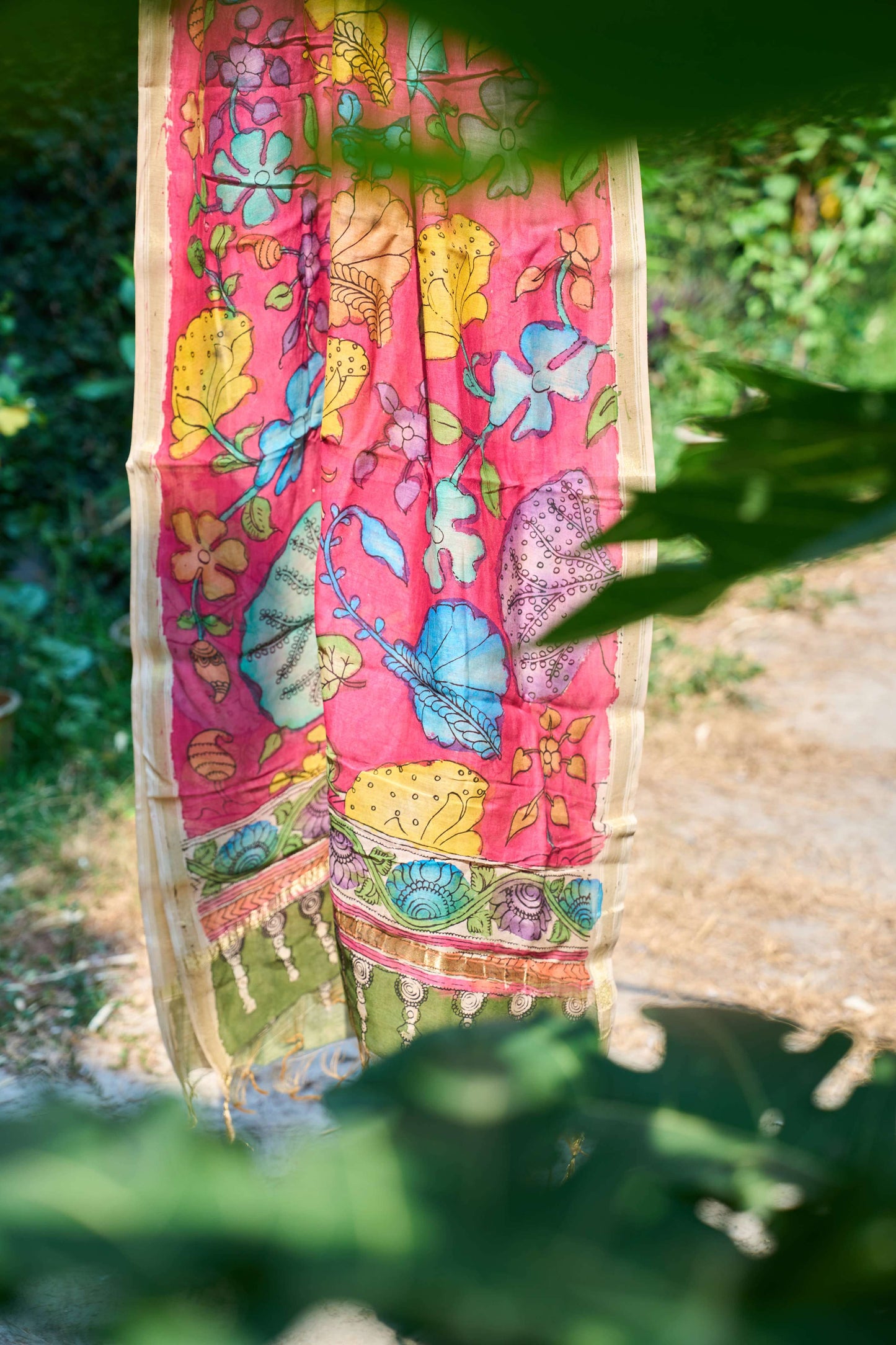 Fuchsia Pink Chanderi Silk Dupatta with Kalamkari Work – Sunset Hues – handcrafted silk – Handcrafted in India
