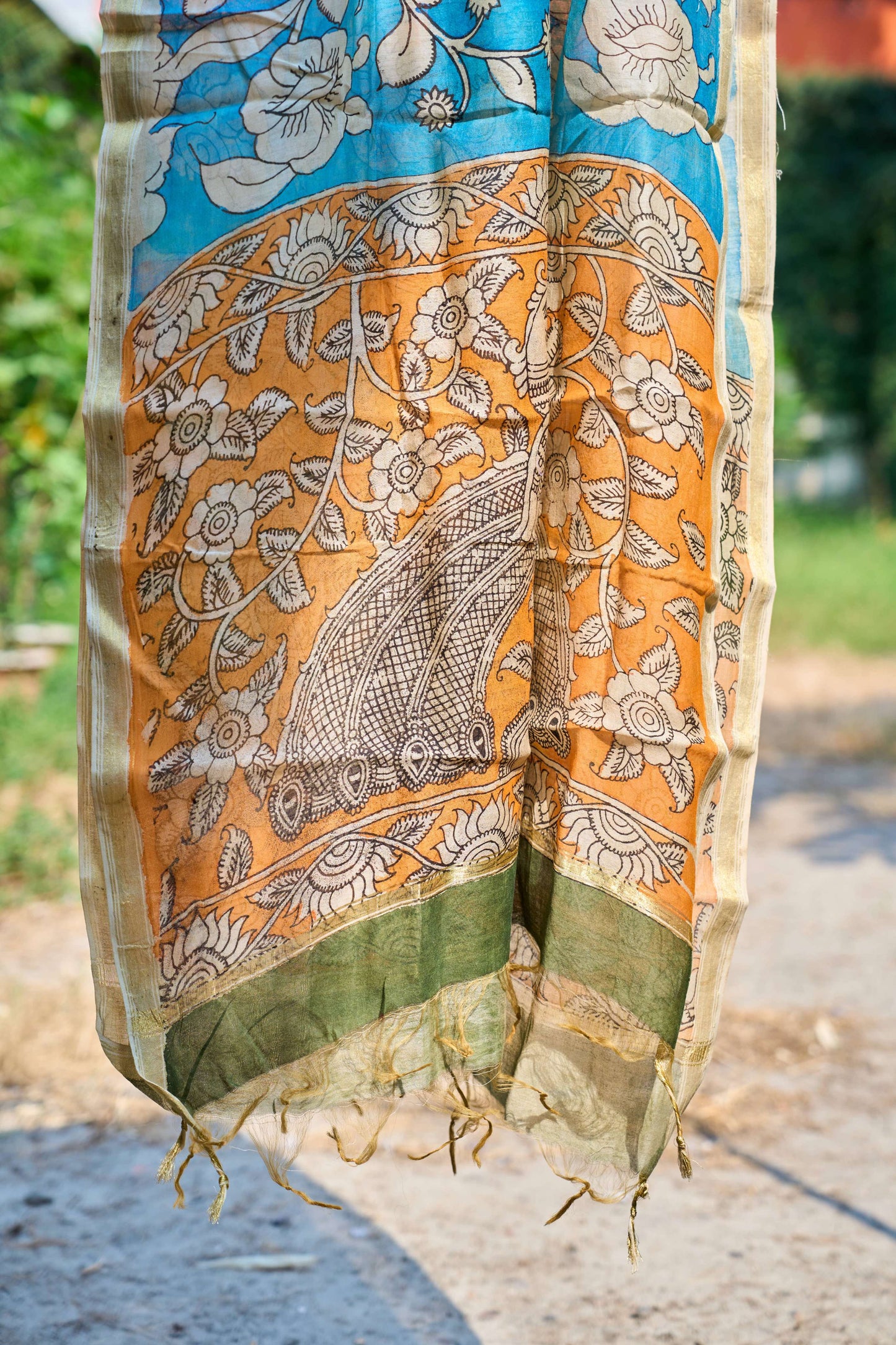 Sky Blue & Mustard Chanderi Silk Dupatta with Kalamkari Work – Floral Harmony – handcrafted silk – Handcrafted in India