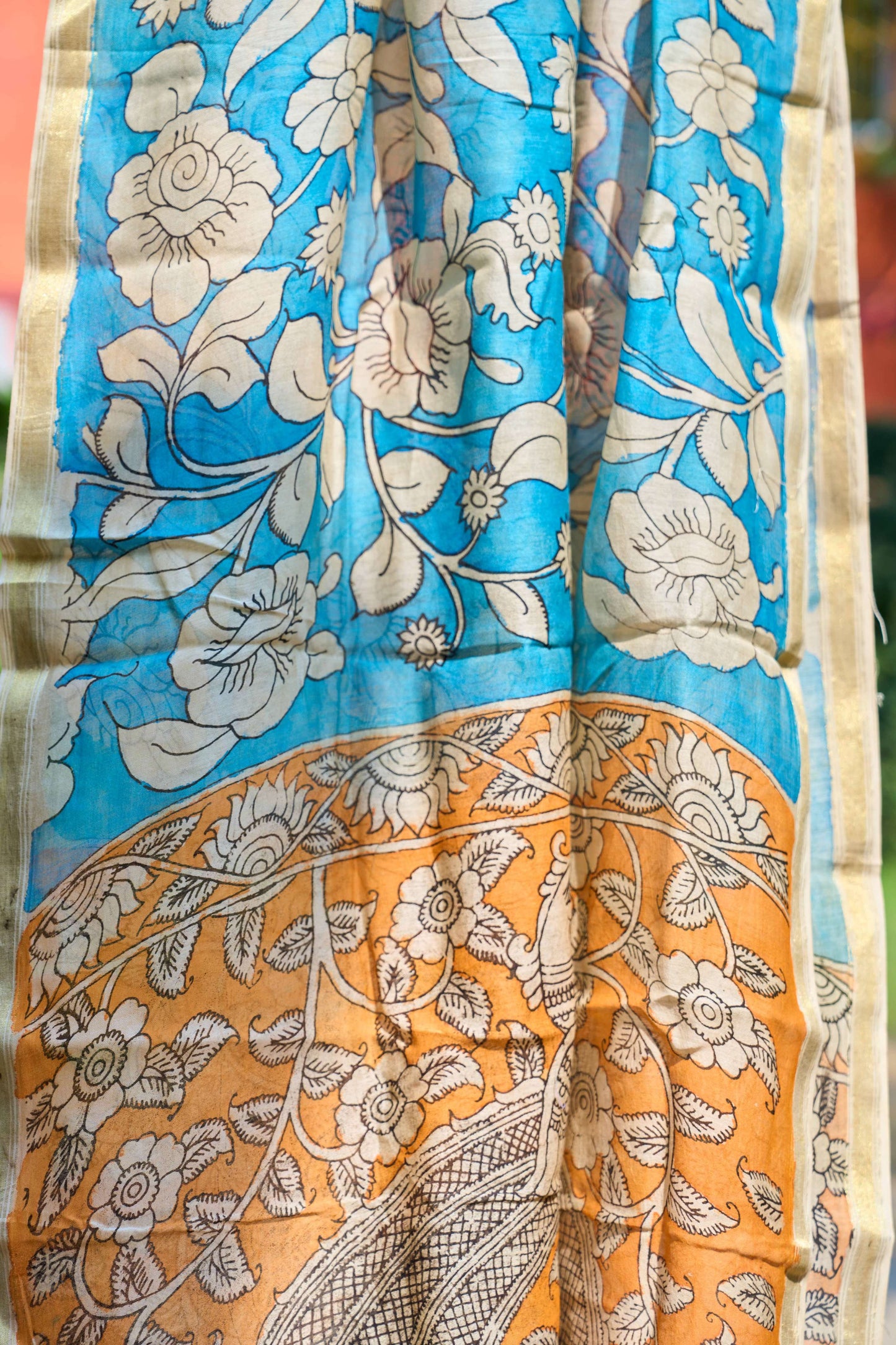 Sky Blue & Mustard Chanderi Silk Dupatta with Kalamkari Work – Floral Harmony – handcrafted silk – Handcrafted in India