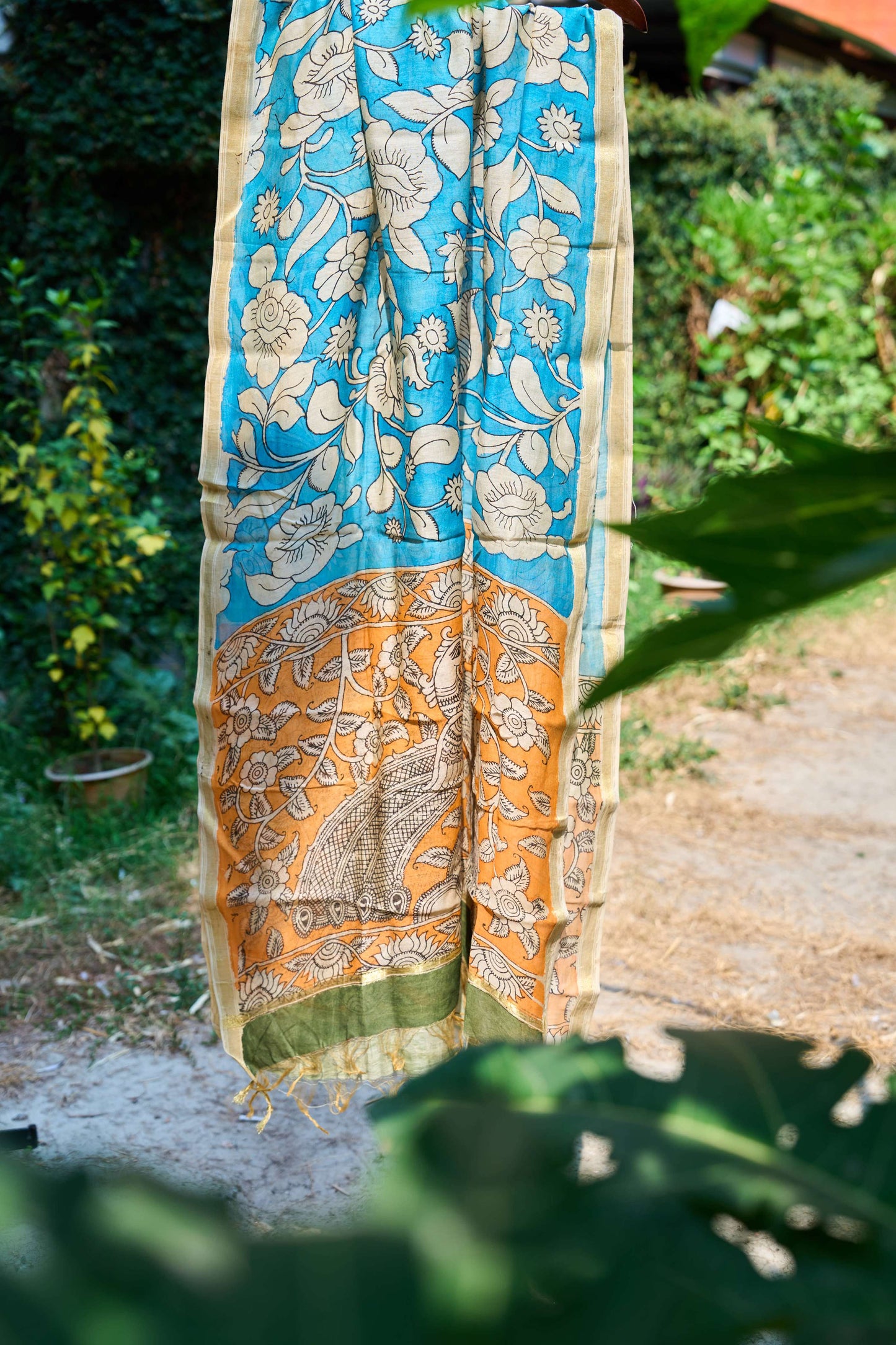 Sky Blue & Mustard Chanderi Silk Dupatta with Kalamkari Work – Floral Harmony – handcrafted silk – Handcrafted in India