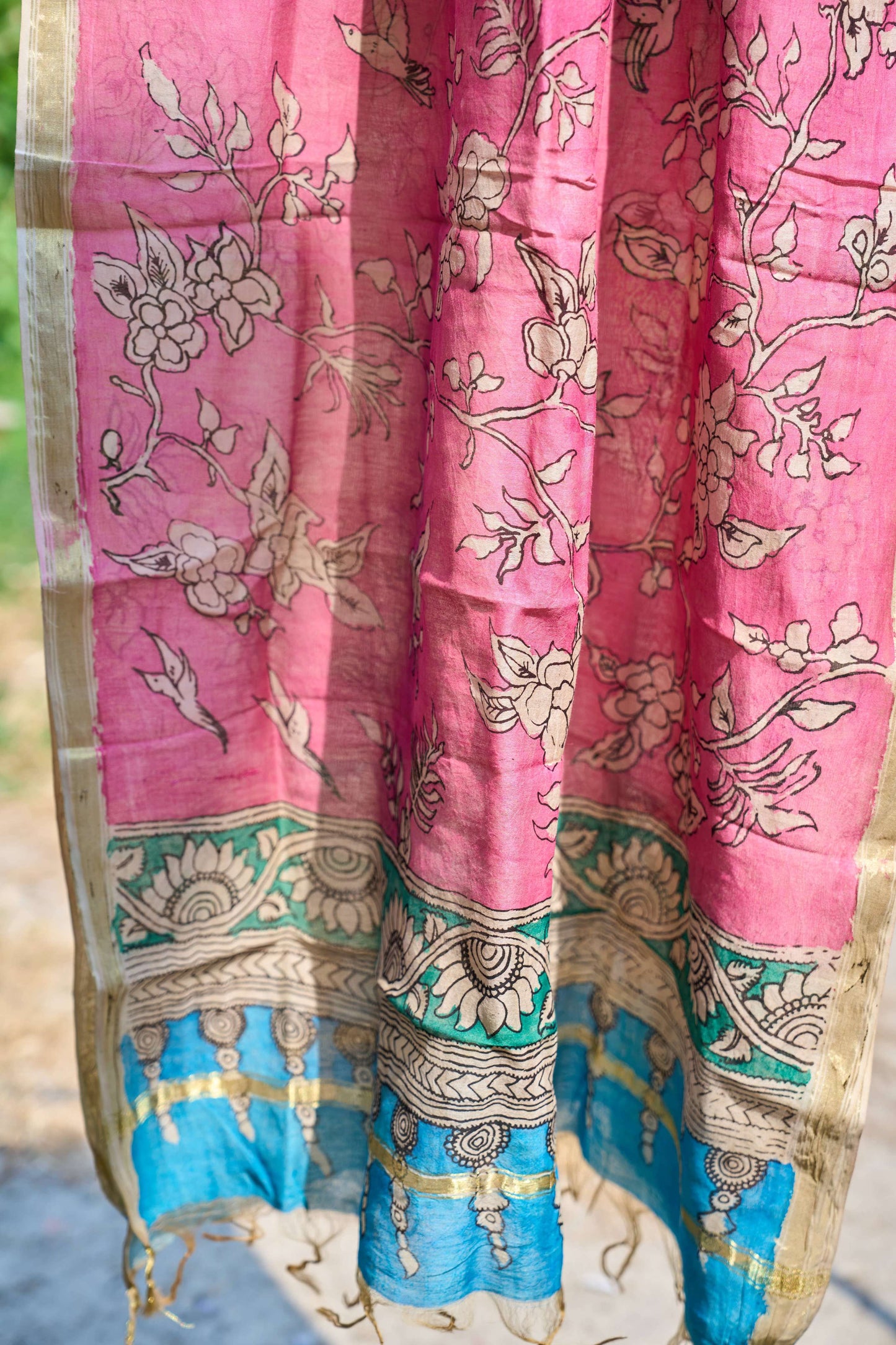Baby Pink Chanderi Silk Dupatta with Kalamkari Work – Blossom Reverie – handcrafted silk – Handcrafted in India