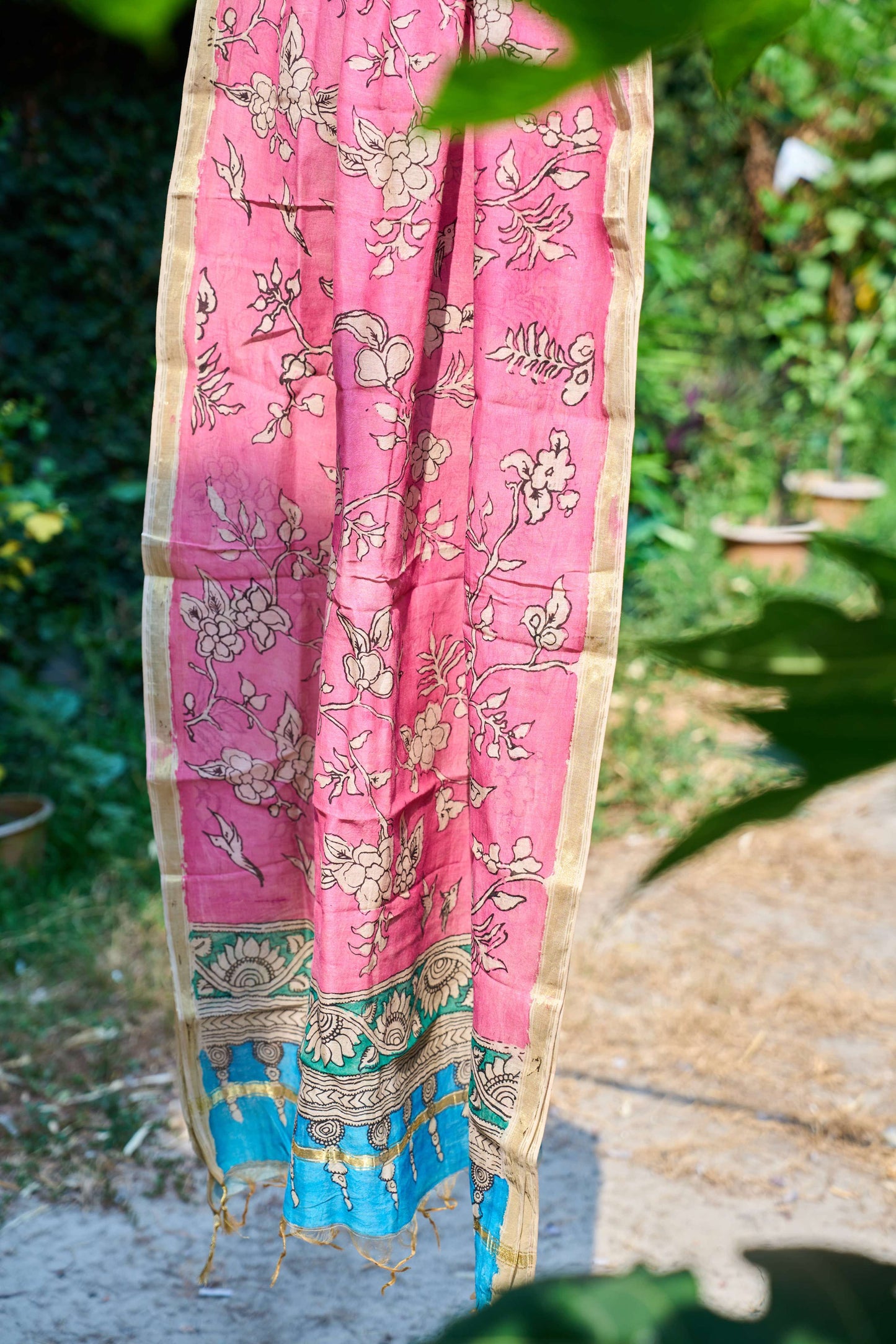Baby Pink Chanderi Silk Dupatta with Kalamkari Work – Blossom Reverie – handcrafted silk – Handcrafted in India