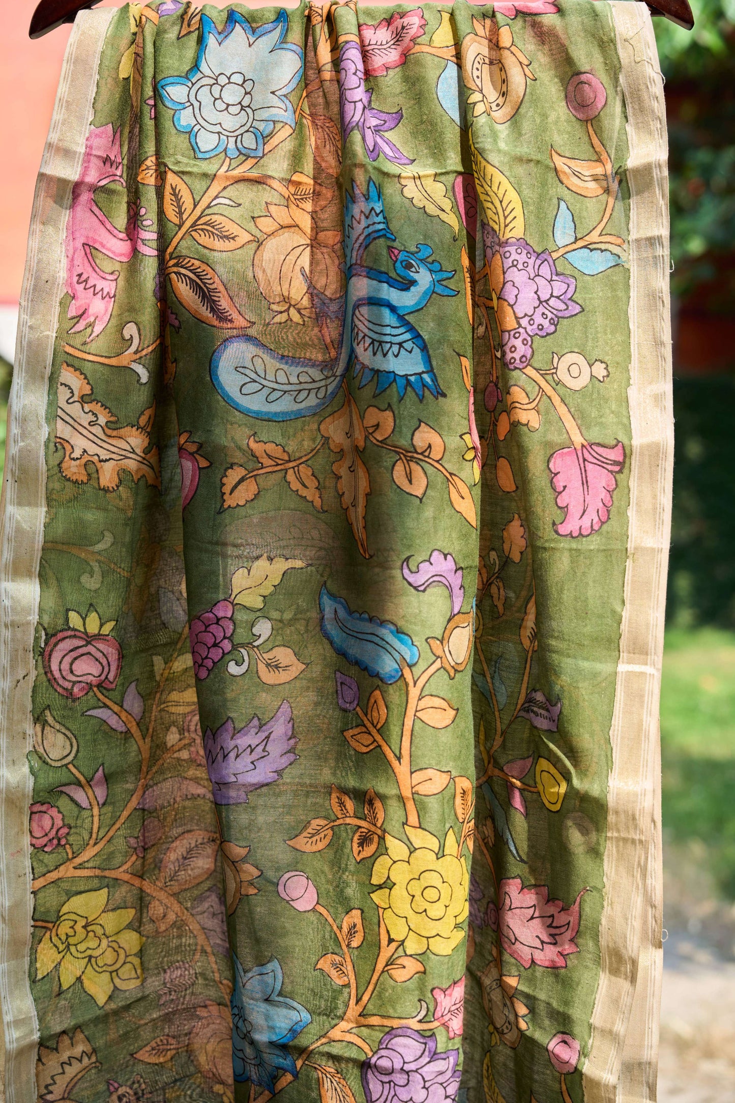 Olive Green Chanderi Silk Dupatta with Bird Kalamkari – Peacock Garden – handcrafted silk – Handcrafted in India