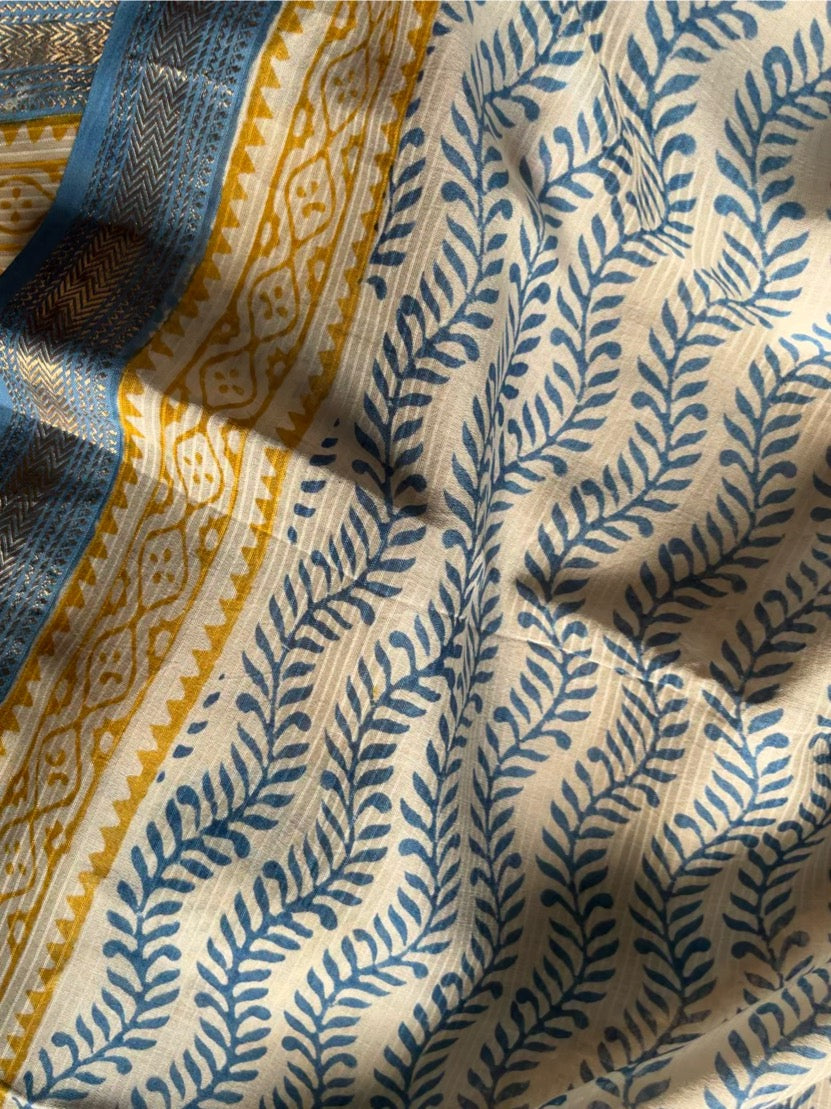 Aaravi – Blue Mustard Bagh Printed Maheshwari Silk Suit Set – handcrafted silk; cotton suits – Handcrafted in India