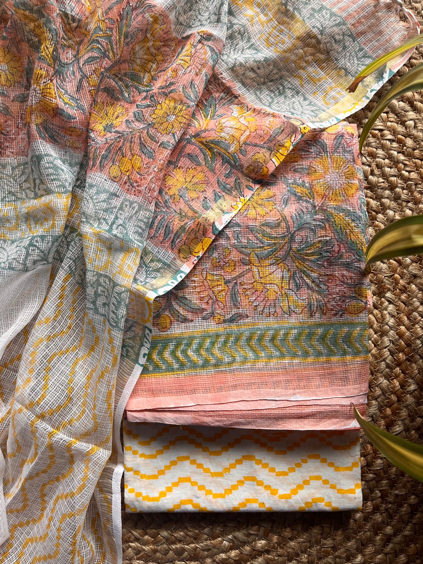 Kaamini – Floral Bagru Print Kota Doria Suit Set – handcrafted cotton – Handcrafted in India