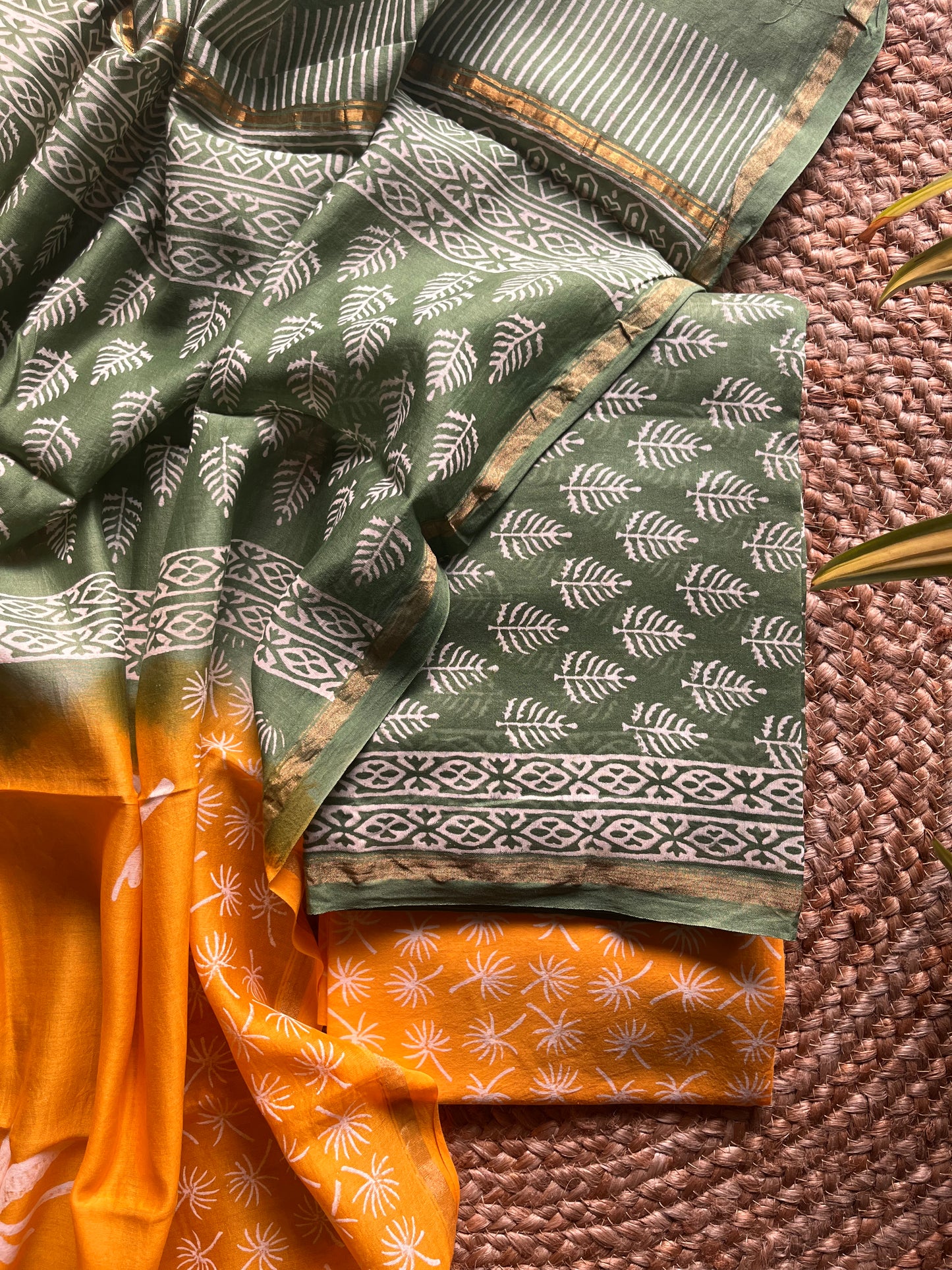 Chandni – Yellow gold Chanderi Silk Suit Set with Bagru Print – handcrafted chanderi-silk; cotton – Handcrafted in India