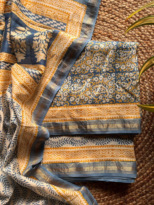 Aaravi – Blue Mustard Bagh Printed Maheshwari Silk Suit Set – handcrafted silk; cotton suits – Handcrafted in India
