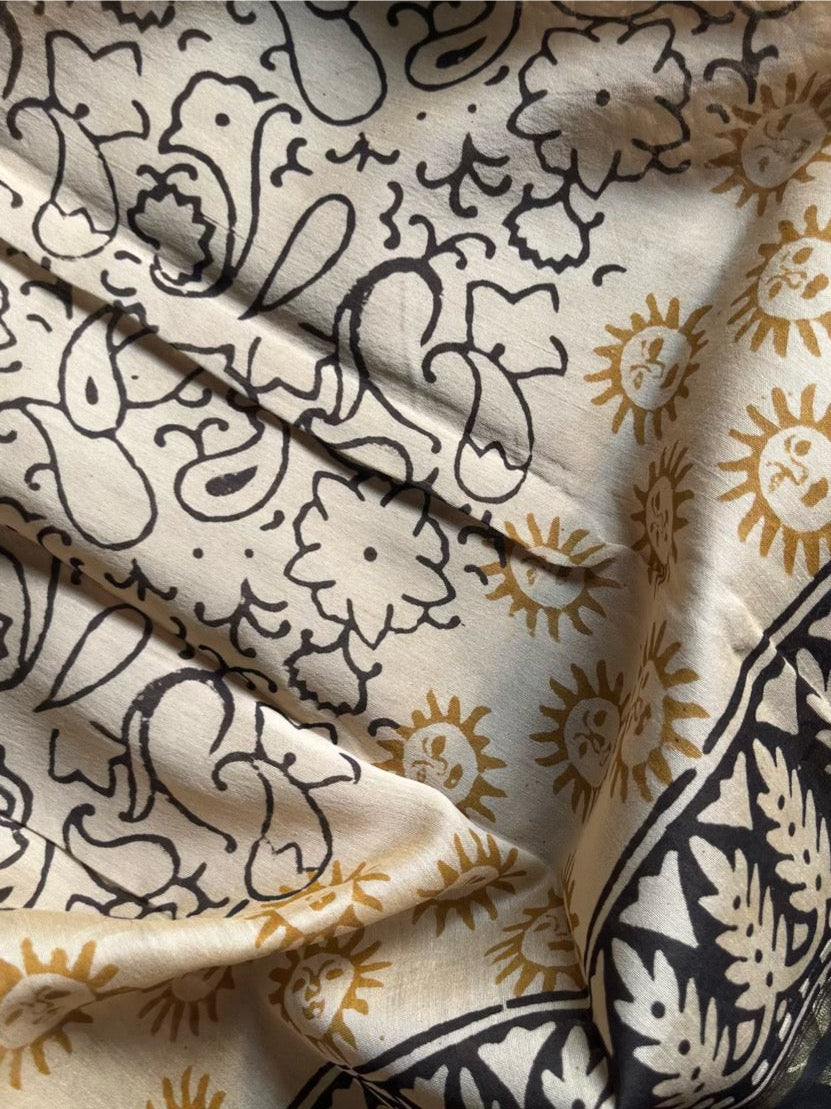 Sharvari – Cream & Mustard Kalamkari Printed Chanderi Silk Suit Set – handcrafted silk; cotton suits – Handcrafted in India