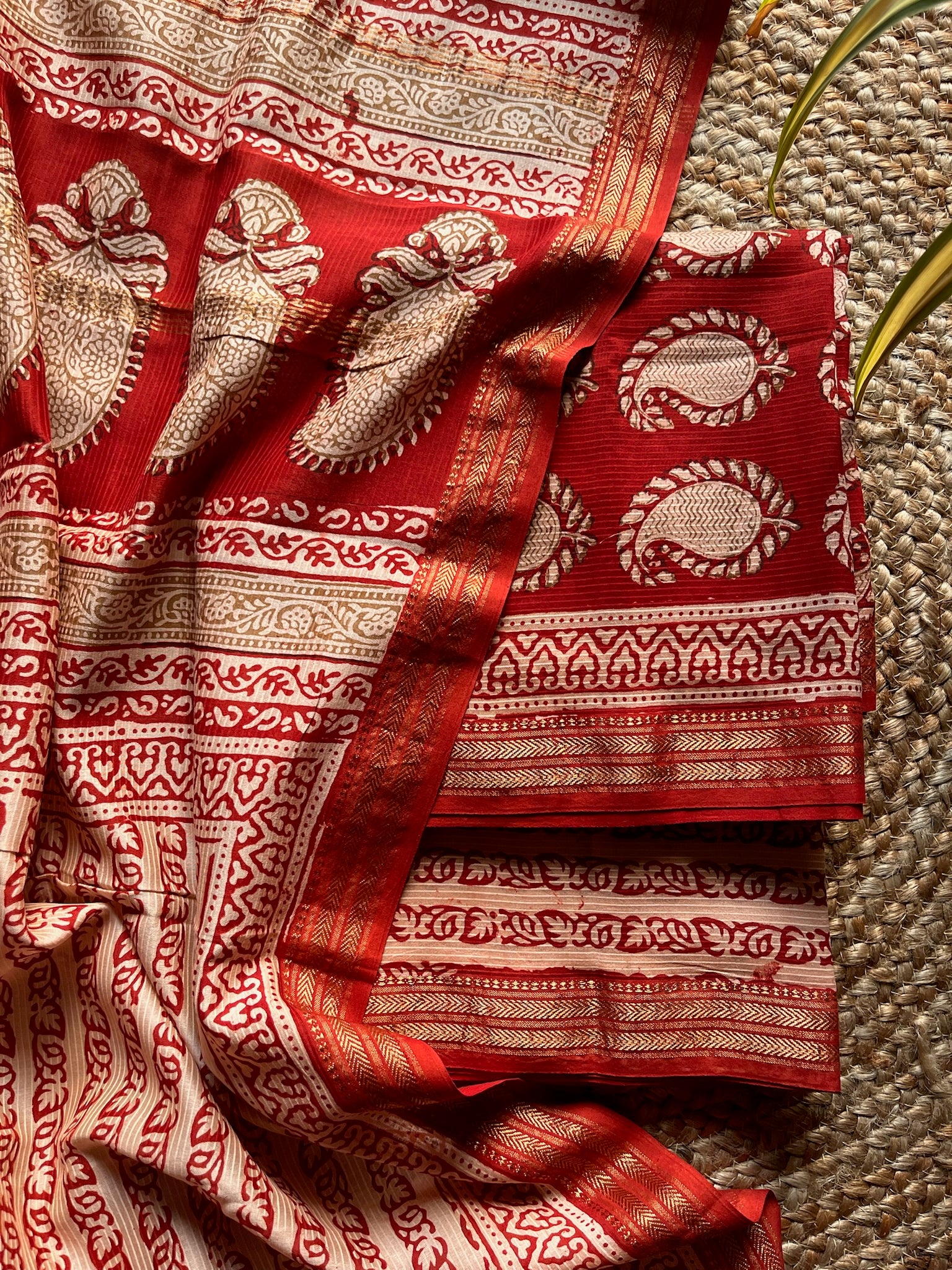 Ira – Red Bagh Paisley Maheshwari Silk Suit Set – handcrafted silk; cotton suits – Handcrafted in India