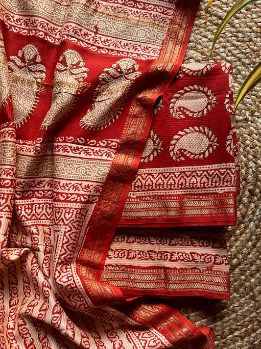 Ira – Red Bagh Paisley Maheshwari Silk Suit Set – handcrafted silk; cotton suits – Handcrafted in India