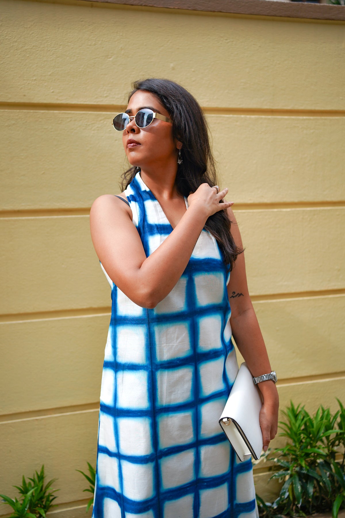 Aavya - Chanderi Silk Shibori Halter-Neck Dress,