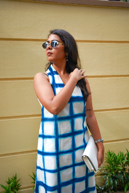 Aavya - Chanderi Silk Shibori Halter-Neck Dress,