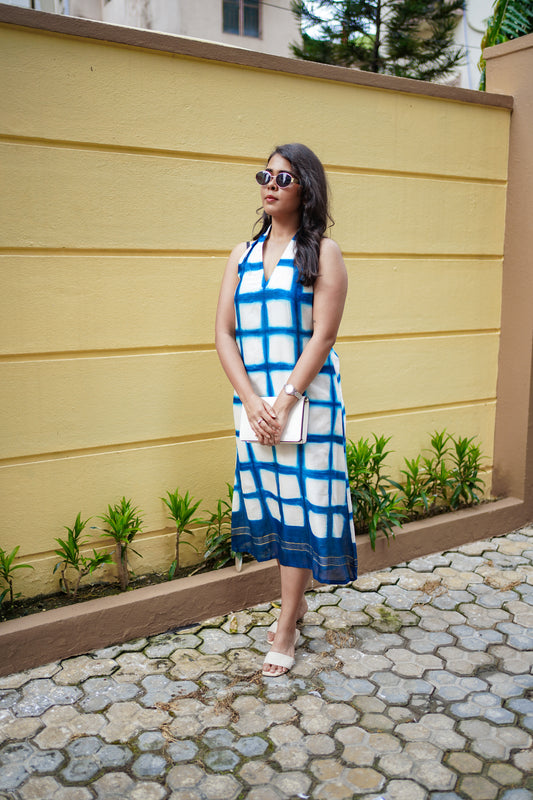 Aavya - Chanderi Silk Shibori Halter-Neck Dress,
