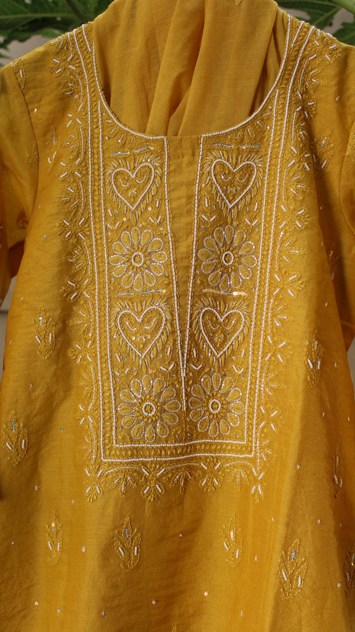 Aadhira Mustard Chikankari Linen Silk Suit Set with Dupatta | Hand Embroidered