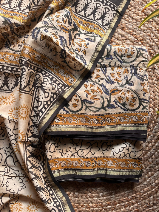 Sharvari – Cream & Mustard Kalamkari Printed Chanderi Silk Suit Set – handcrafted silk; cotton suits – Handcrafted in India