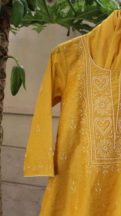 Aadhira Mustard Chikankari Linen Silk Suit Set with Dupatta | Hand Embroidered