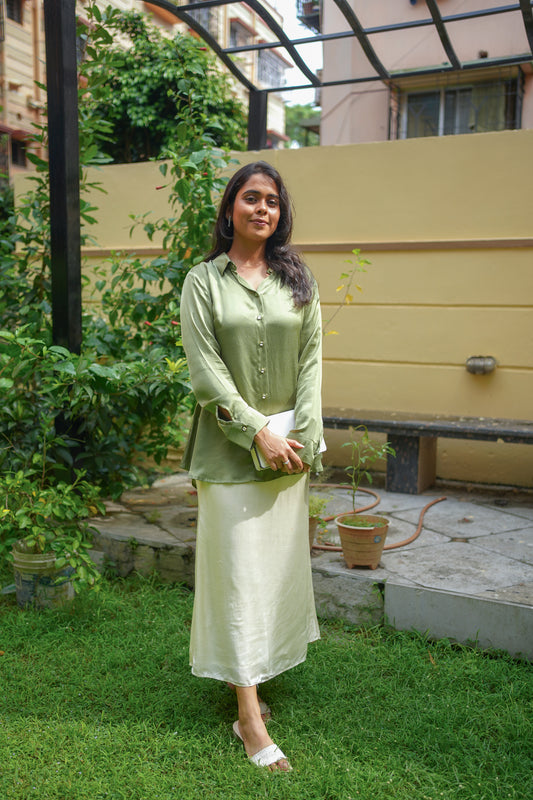 Aarika - Pastel Green Satin-Finish Shirt with Relaxed Silhouette